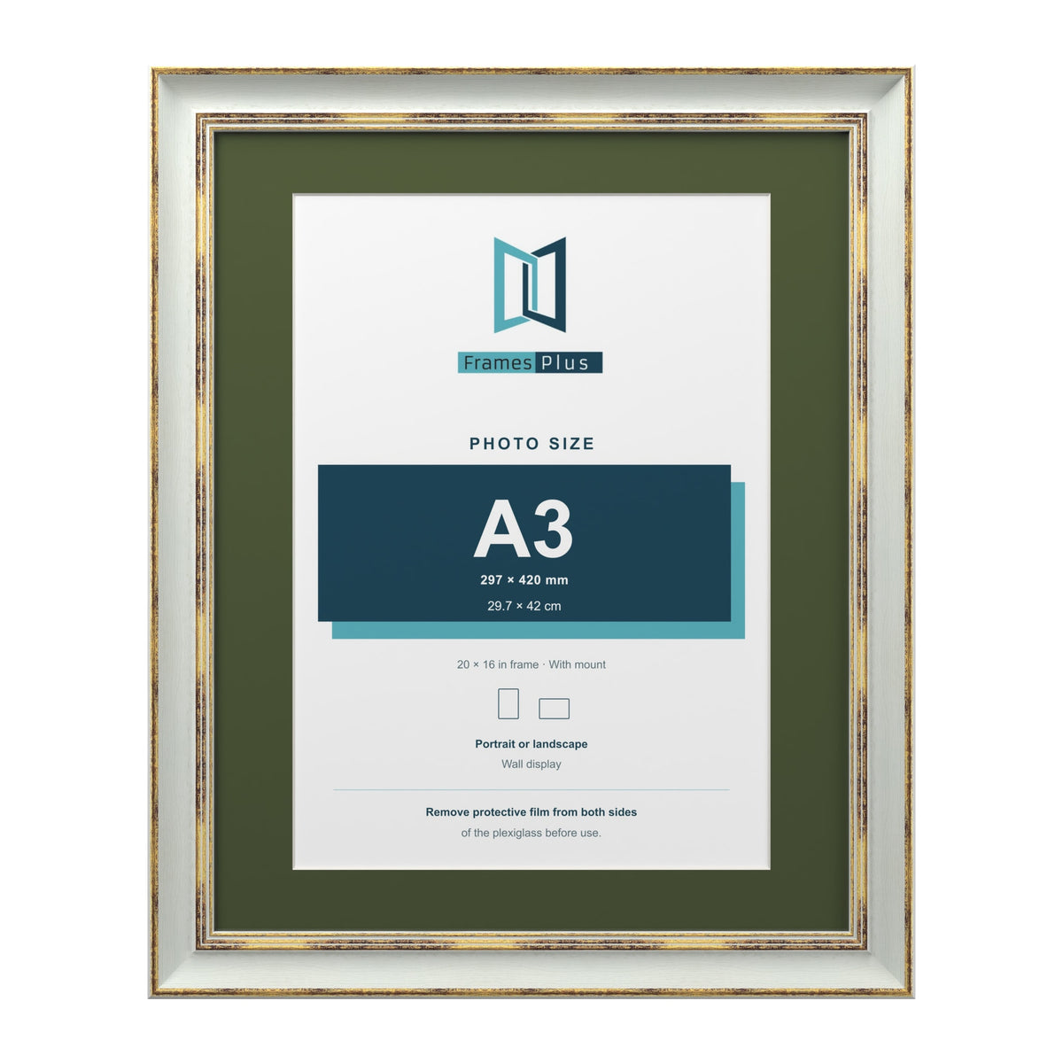 Cassis Light Grey 20 x 16 inch picture frame with a green mount for an A3 photo