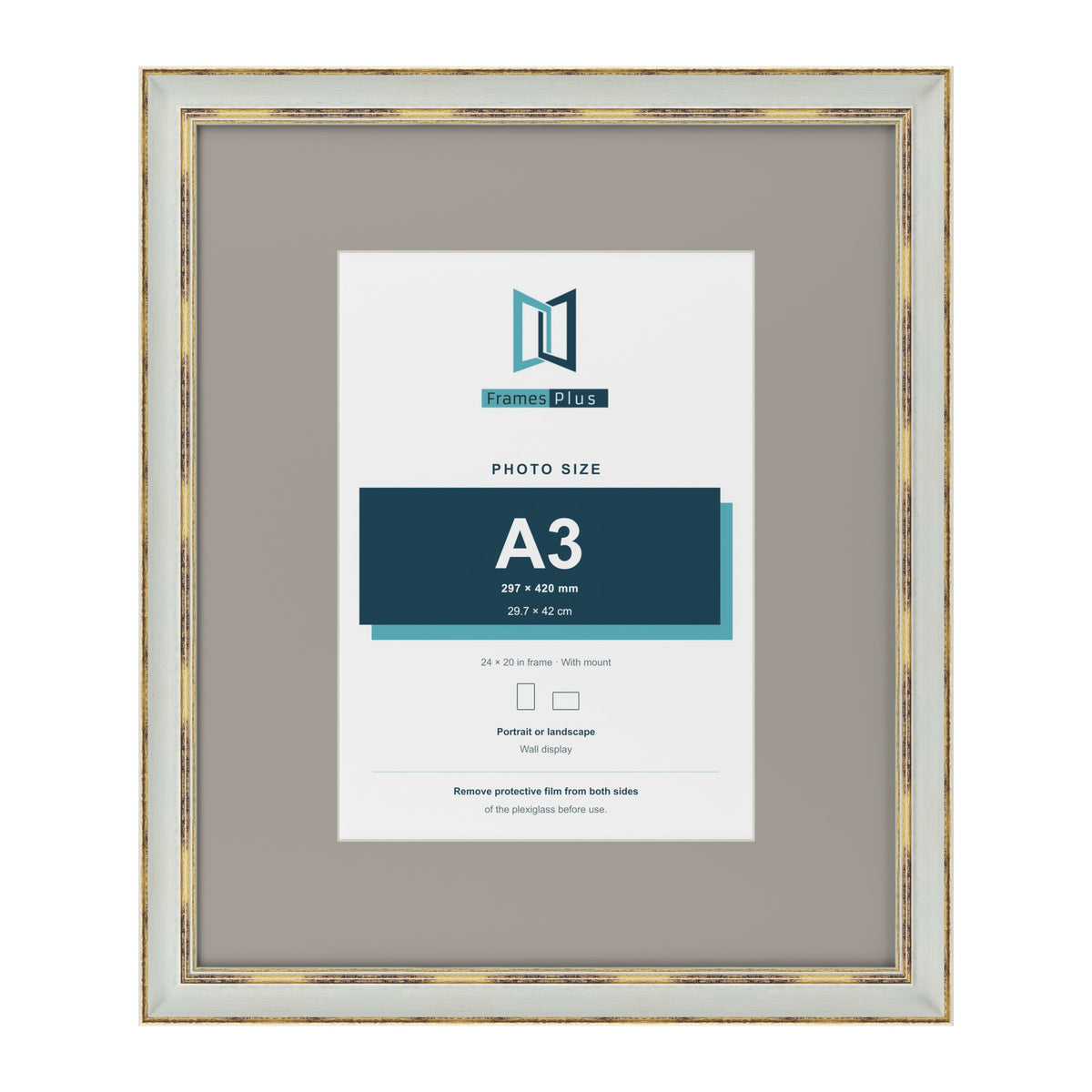 Cassis Light Grey 24 x 20 inch picture frame with a dawn grey mount for an A3 photo