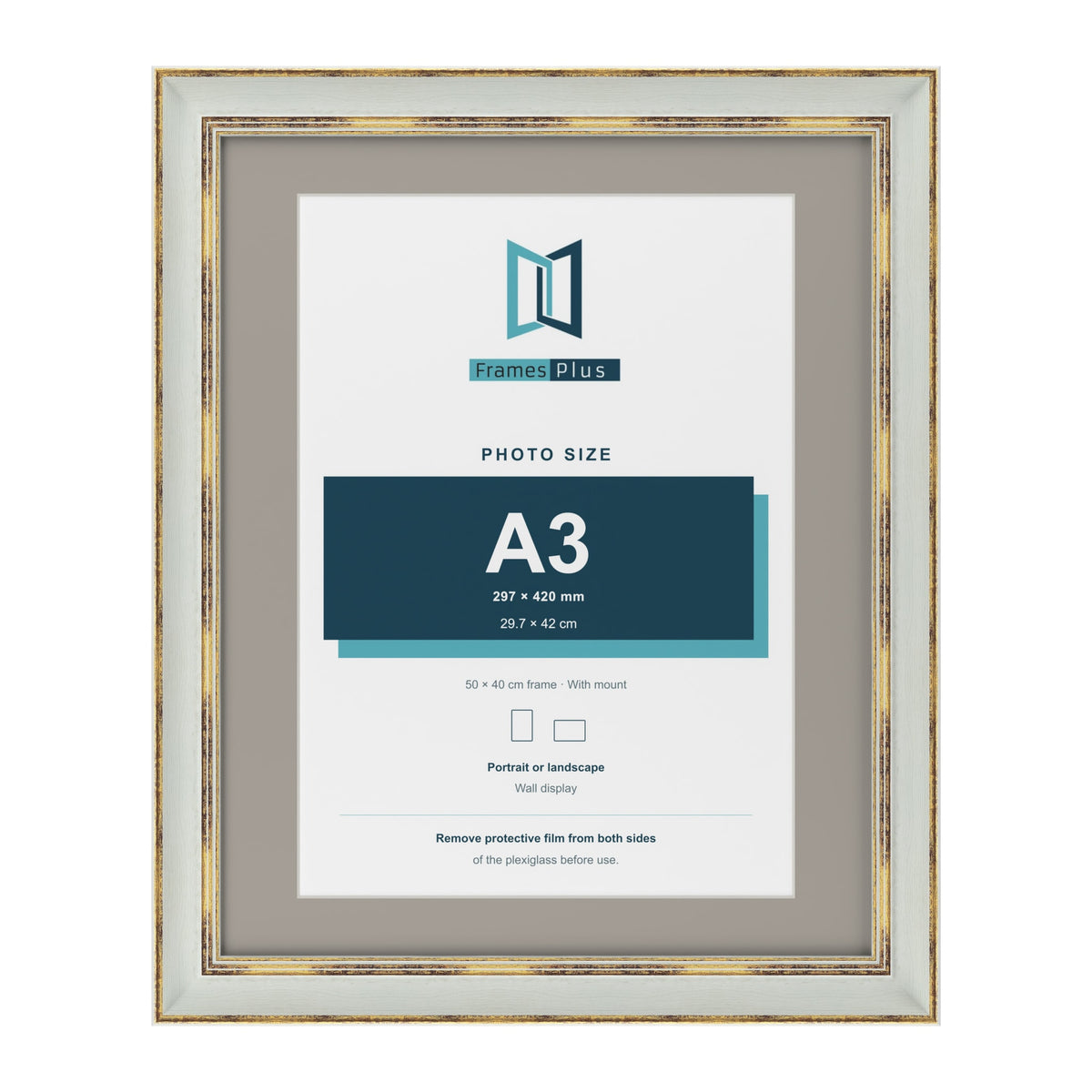 Cassis Light Grey 50 x 40 cm picture frame with a dawn grey mount for an A3 photo