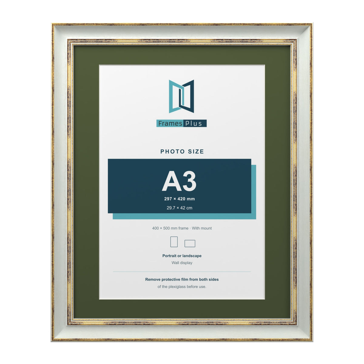 Cassis Light Grey 50 x 40 cm picture frame with a green mount for an A3 photo