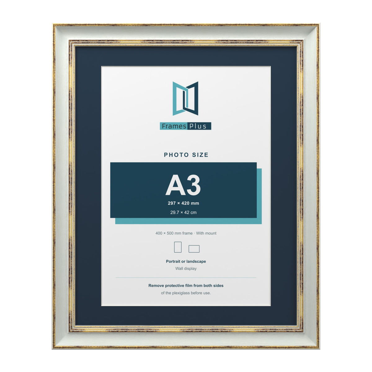 Cassis Light Grey 50 x 40 cm picture frame with a pacific blue mount for an A3 photo
