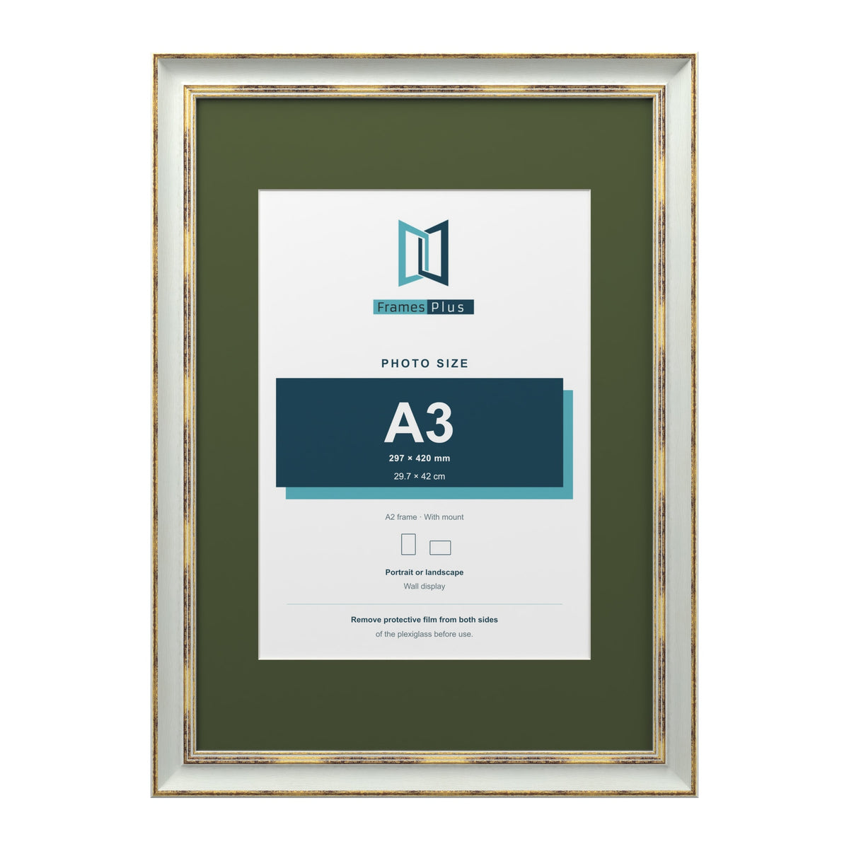 Cassis Light Grey A2 picture frame with a green mount for an A3 photo