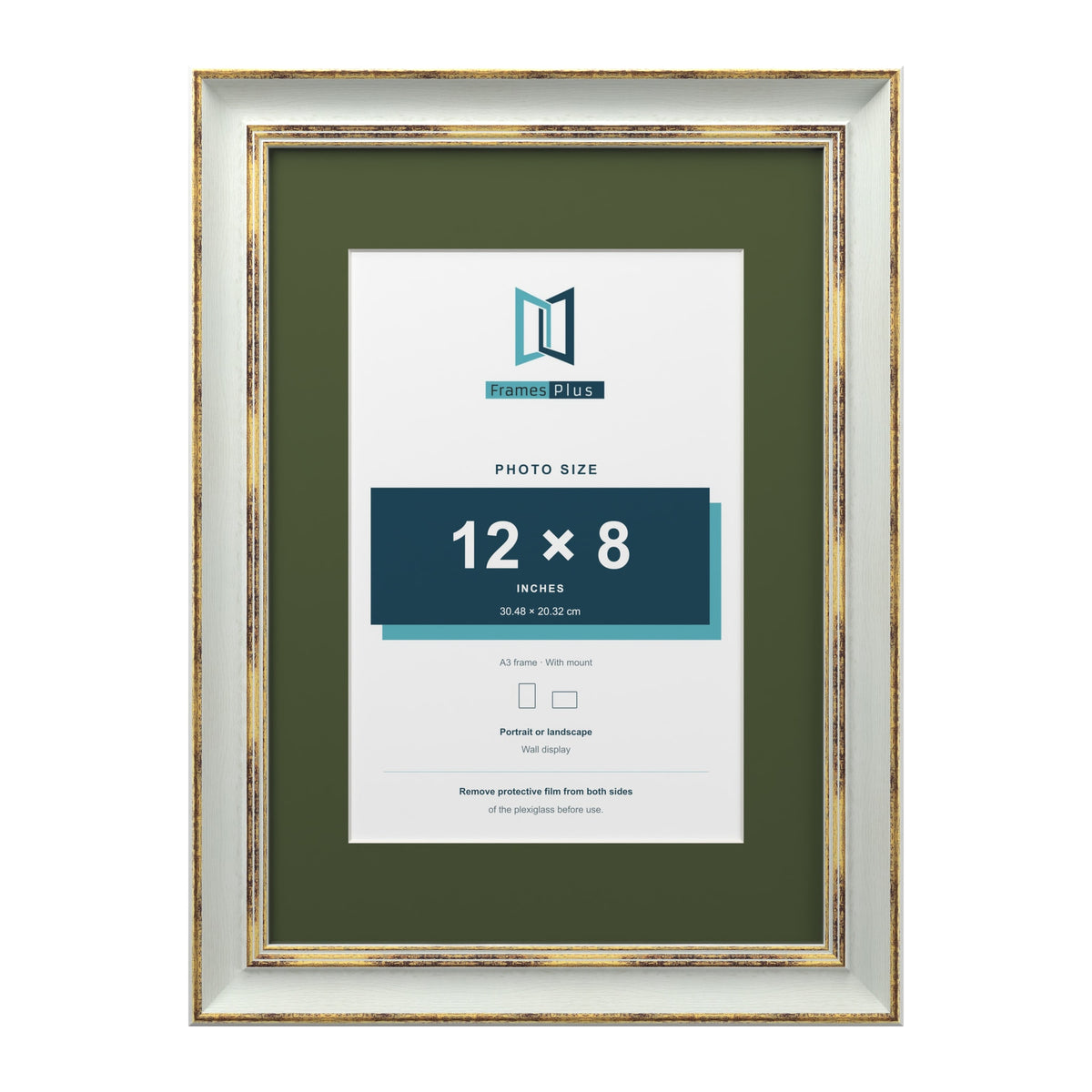 Cassis Light Grey A3 picture frame with a green mount for a 12 x 8 inch photo