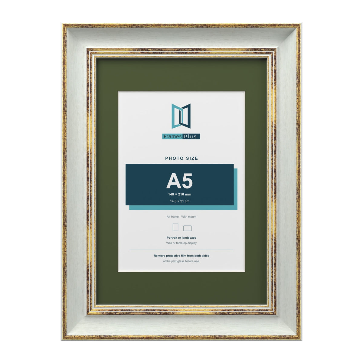 Cassis Light Grey A4 picture frame with a green mount for an A5 photo