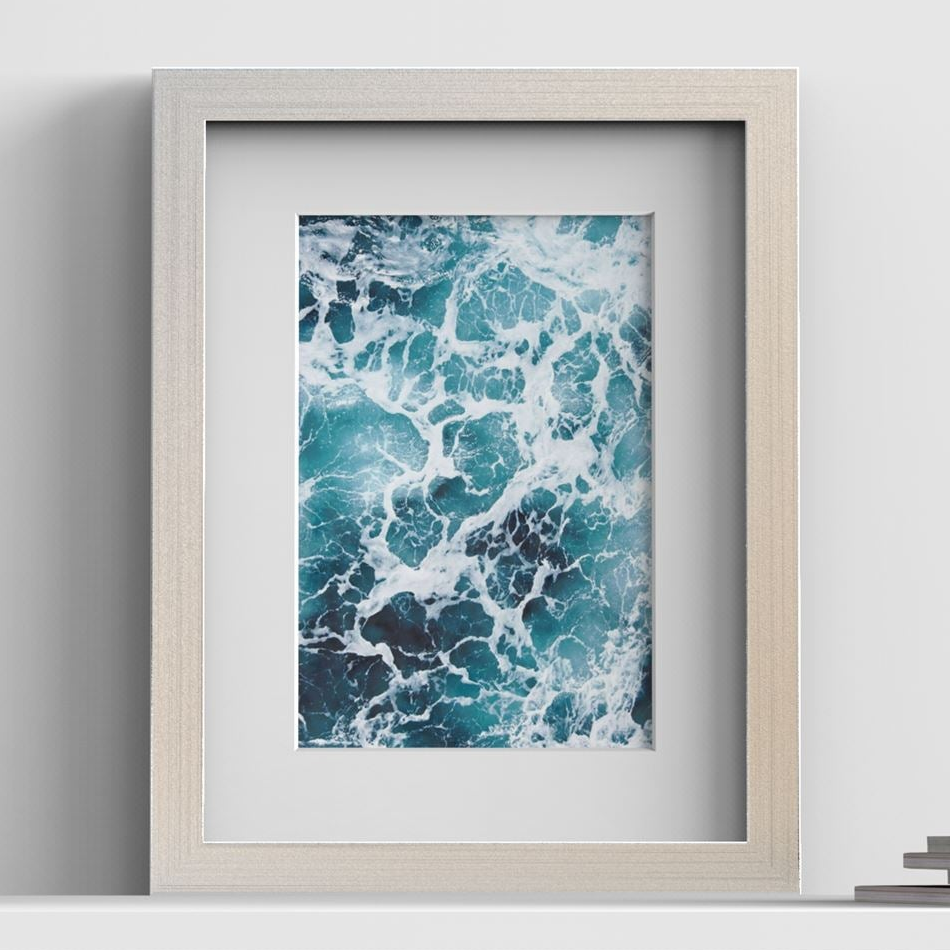 Classic Chrome picture frame with white mount, close view with ocean artwork