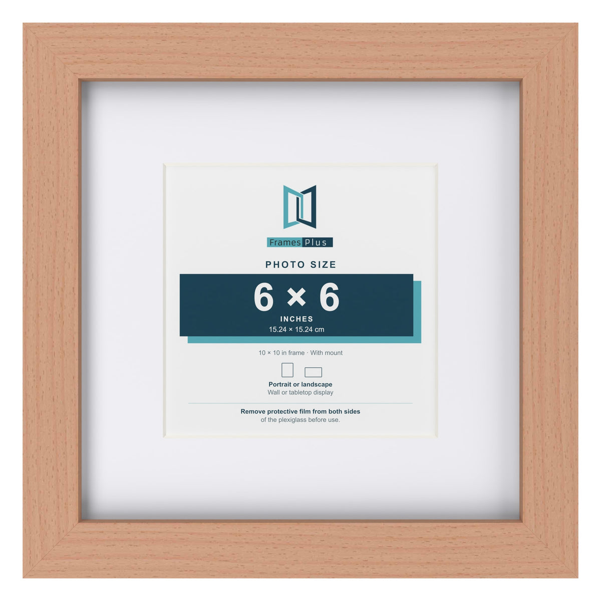 Classic Beech 10 x 10 inch picture frame with a white mount for a 6 x 6 inch photo