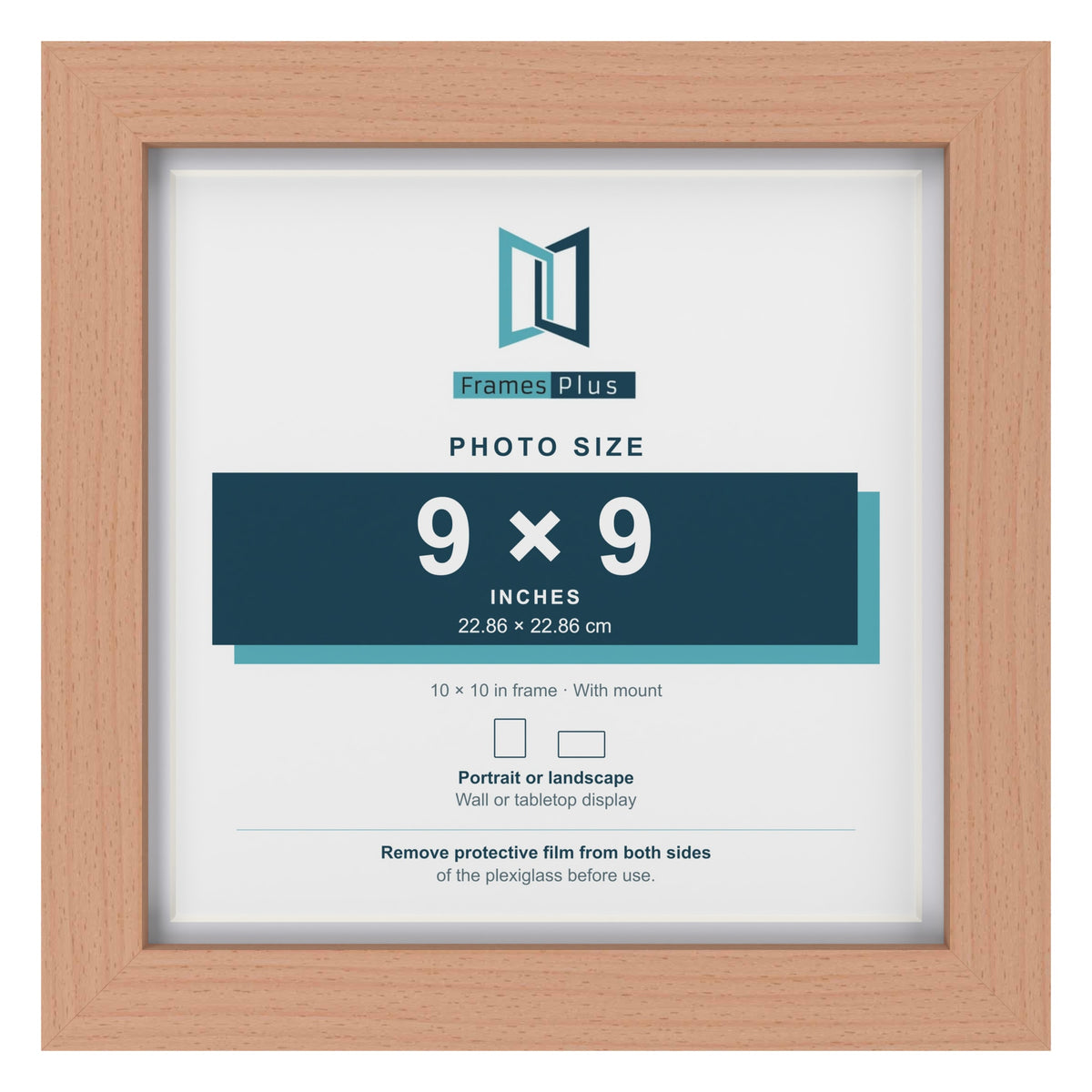 Classic Beech 10 x 10 inch picture frame with a white mount for a 9 x 9 inch photo