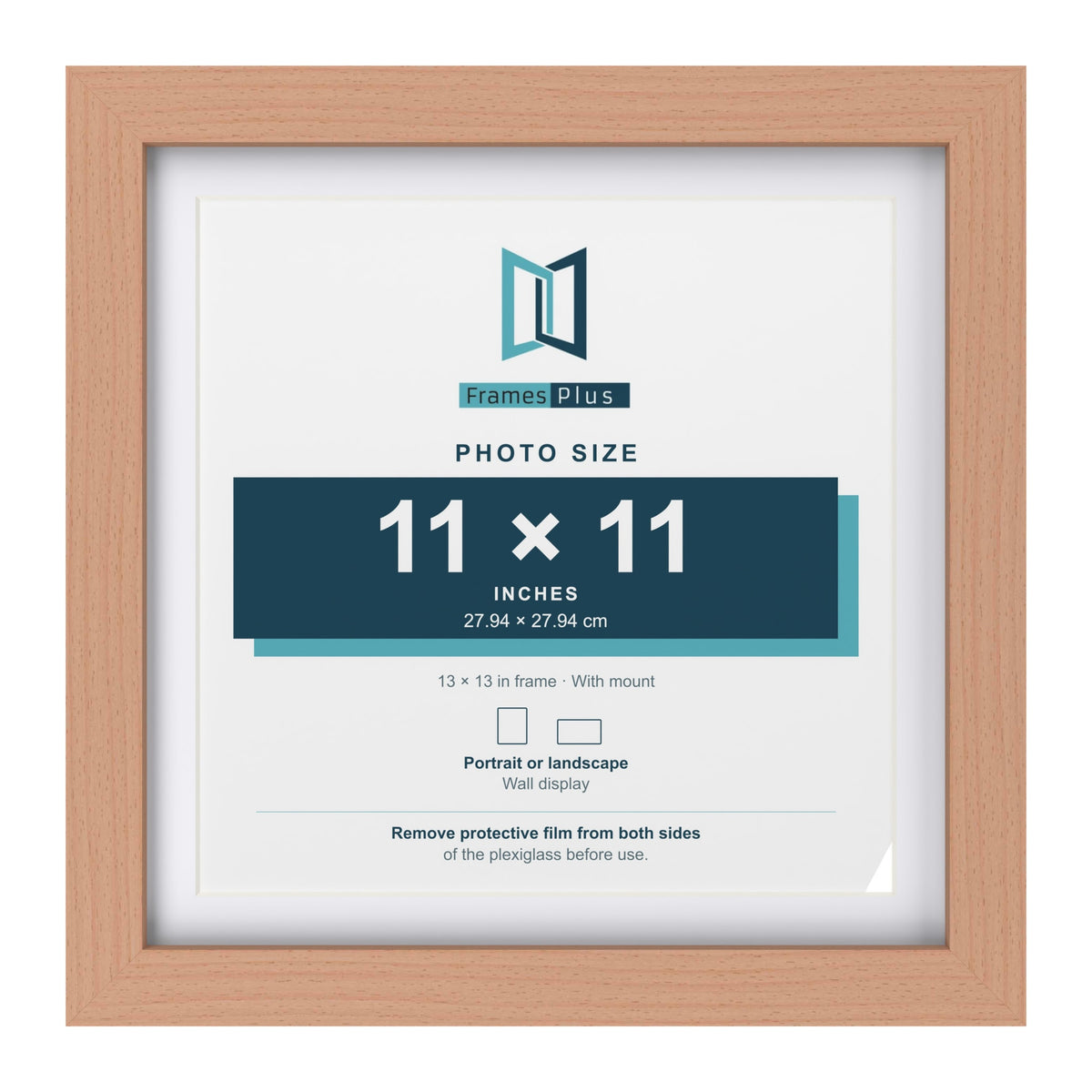 Classic Beech 13 x 13 inch picture frame with a white mount for an 11 x 11 inch photo
