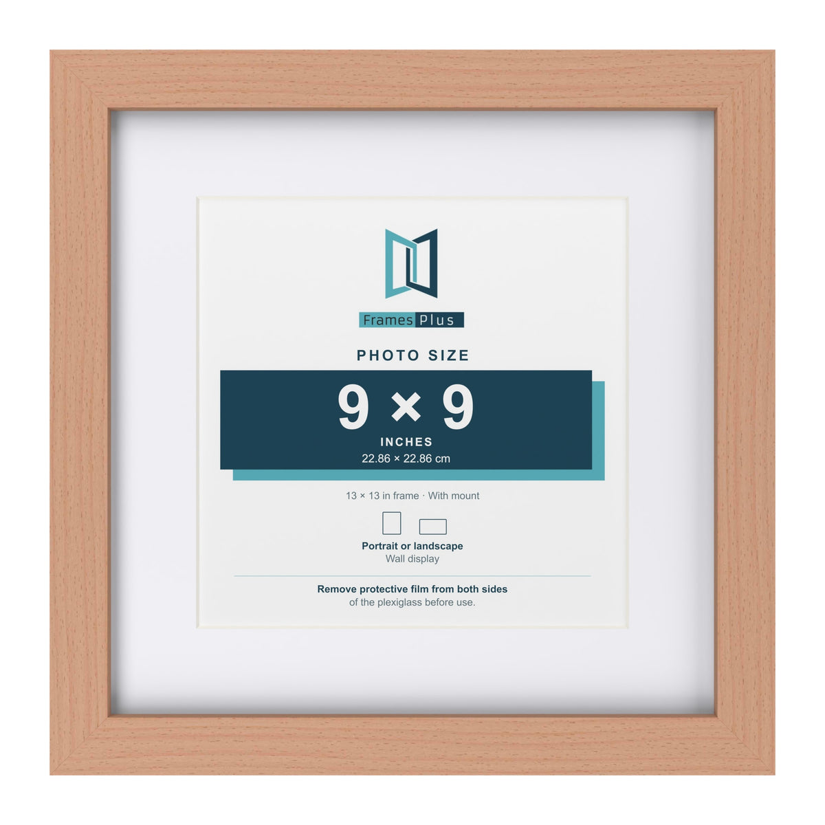 Classic Beech 13 x 13 inch picture frame with a white mount for a 9 x 9 inch photo