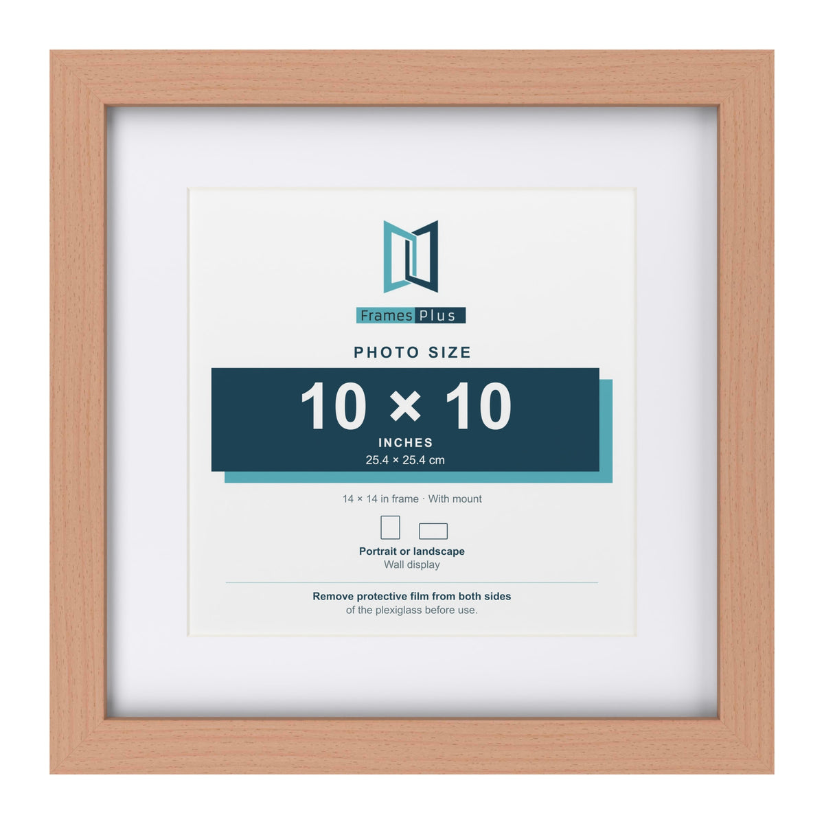 Classic Beech 14 x 14 inch picture frame with a white mount for a 10 x 10 inch photo