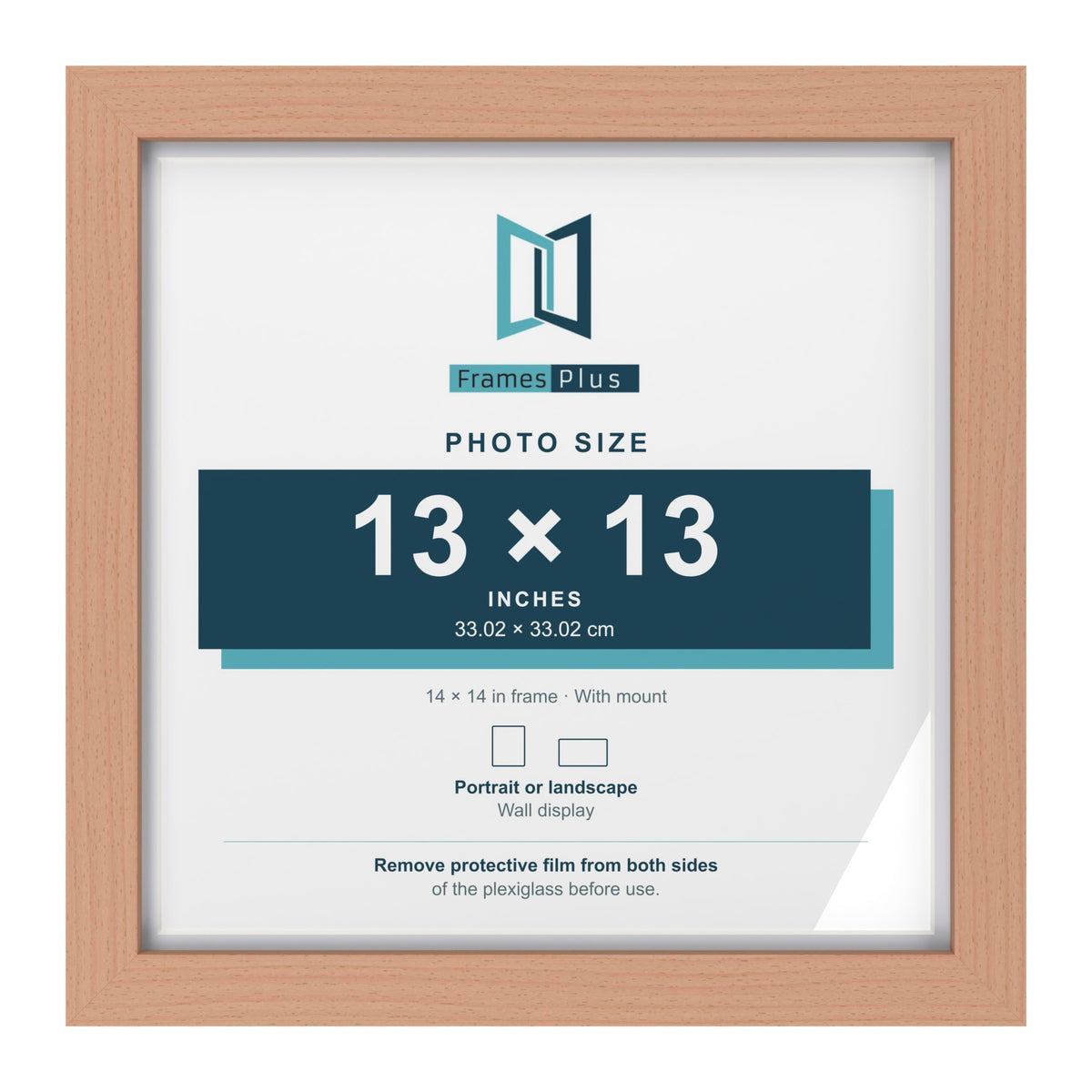 Classic Beech 14 x 14 inch picture frame with a white mount for a 13 x 13 inch photo