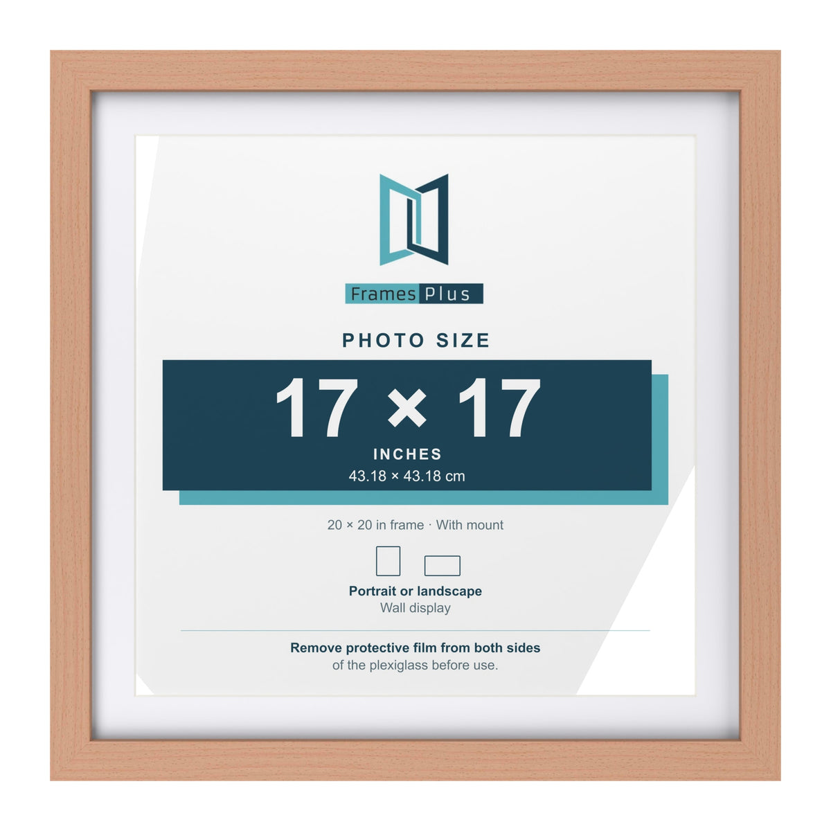 Classic Beech 20 x 20 inch picture frame with a white mount for a 17 x 17 inch photo