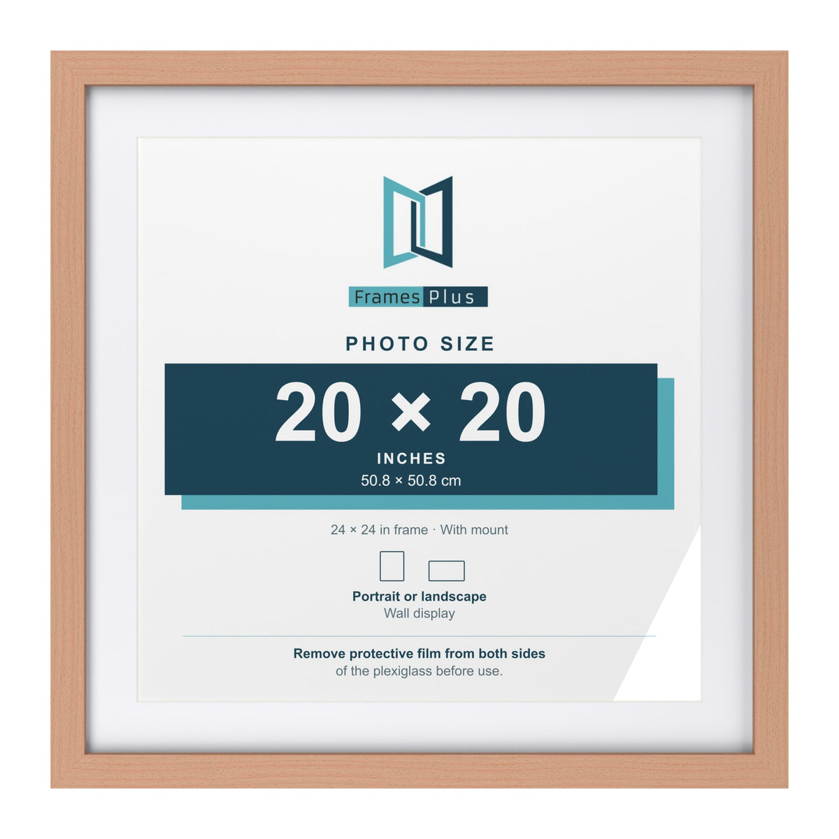 Classic Beech 24 x 24 inch picture frame with a white mount for a 20 x 20 inch photo