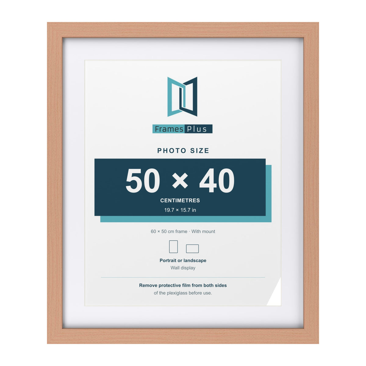 Classic Beech 60 x 50 cm picture frame with a white mount for a 50 x 40 cm photo