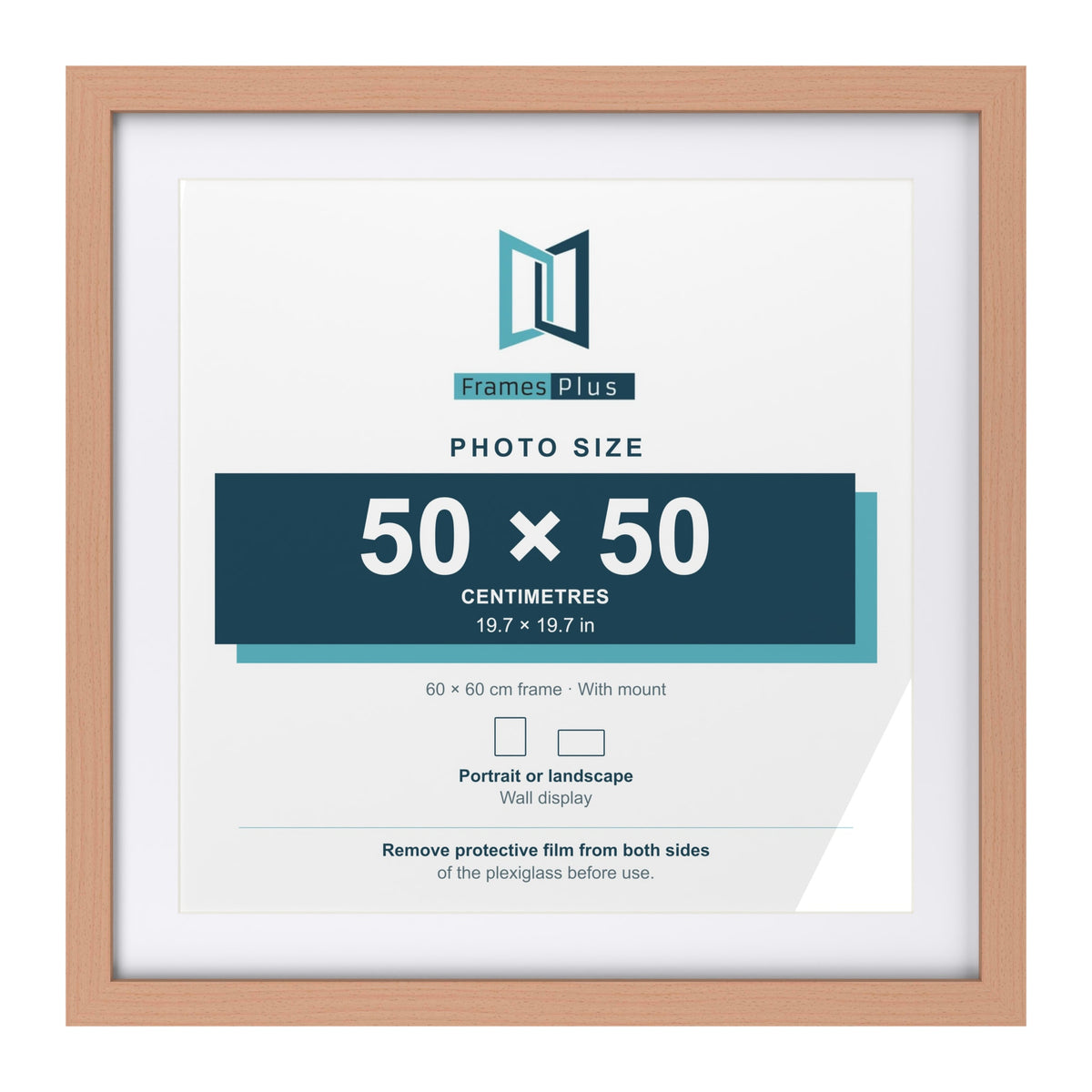 Classic Beech 60 x 60 cm picture frame with a white mount for a 50 x 50 cm photo