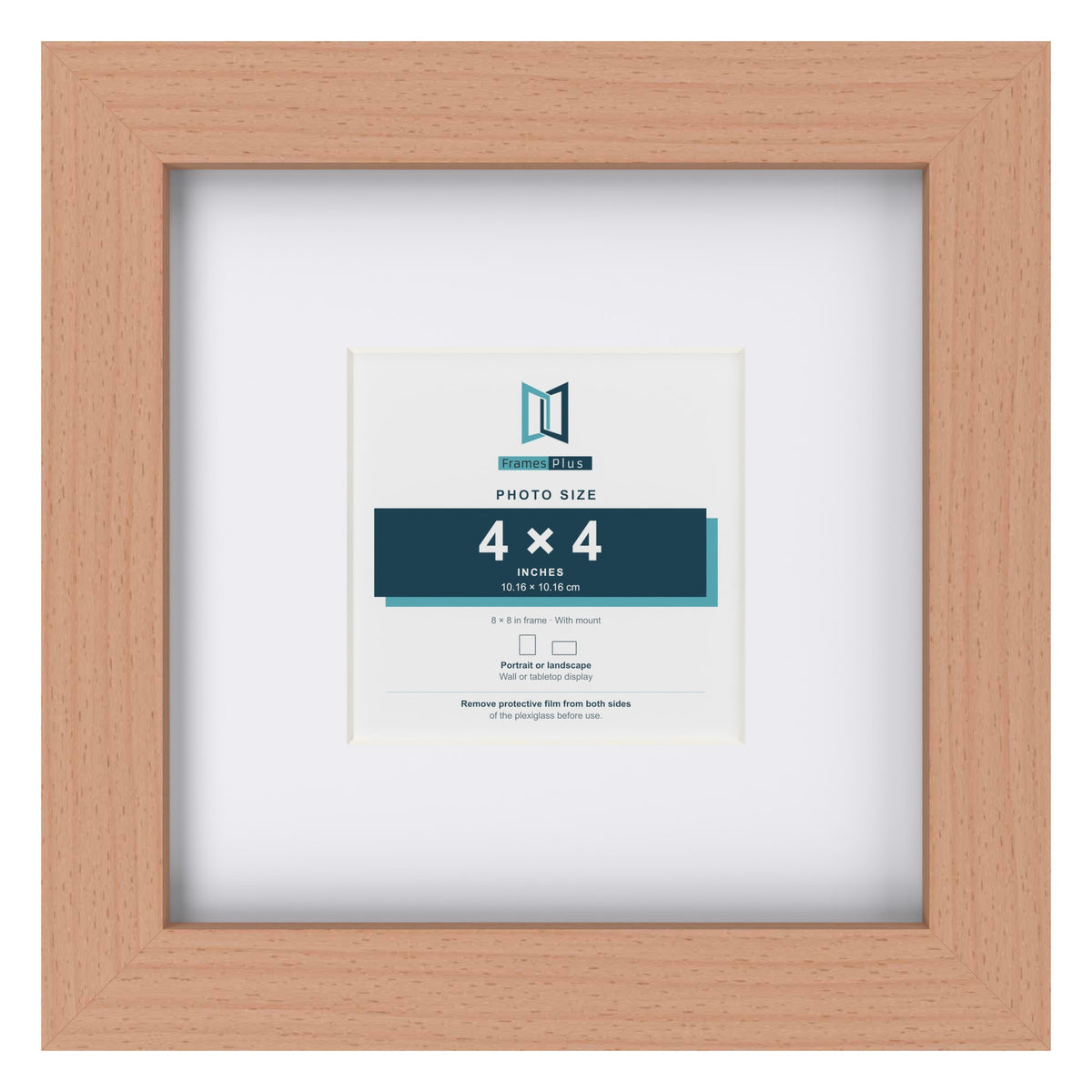Classic Beech 8 x 8 inch picture frame with a white mount for a 4 x 4 inch photo