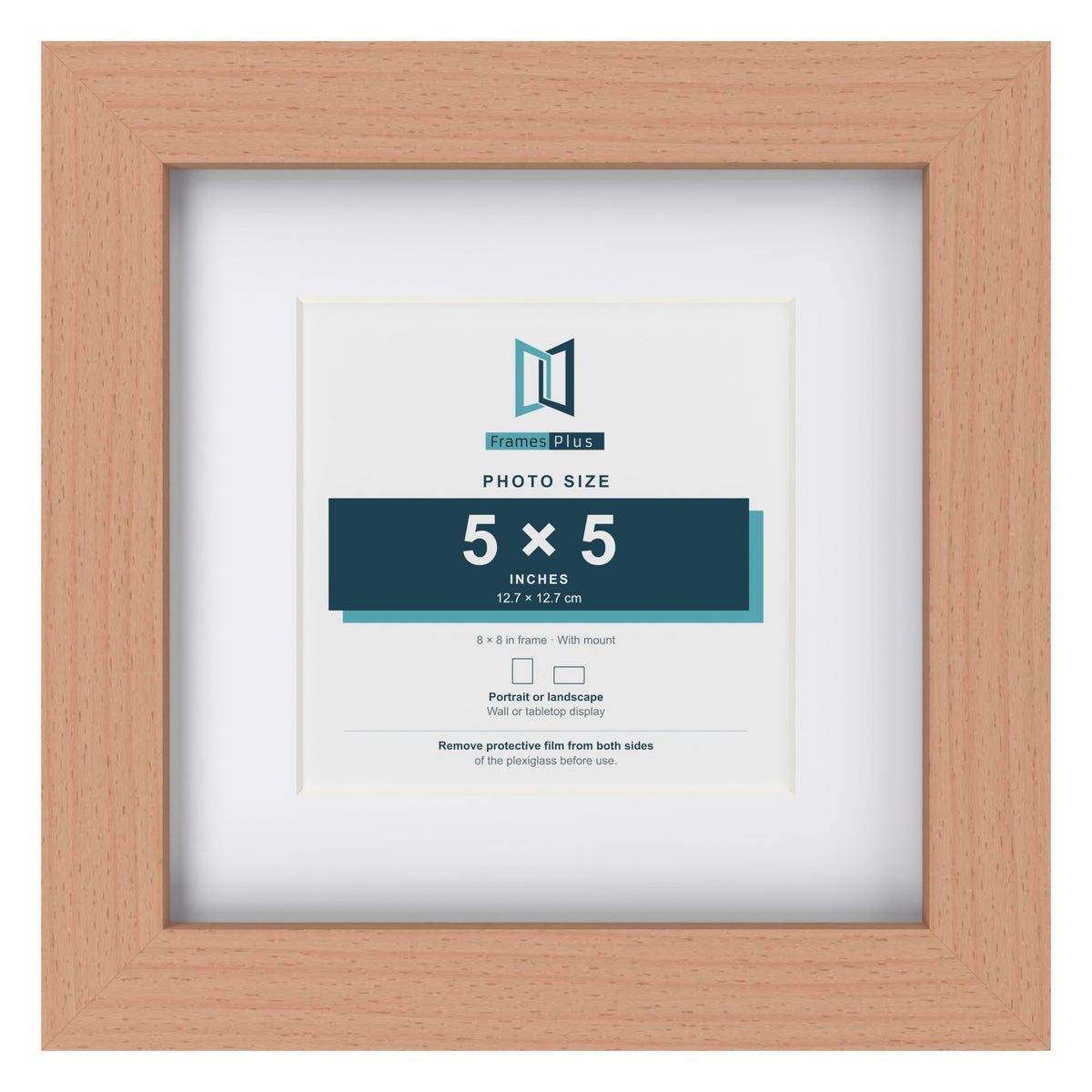 Classic Beech 8 x 8 inch picture frame with a white mount for a 5 x 5 inch photo