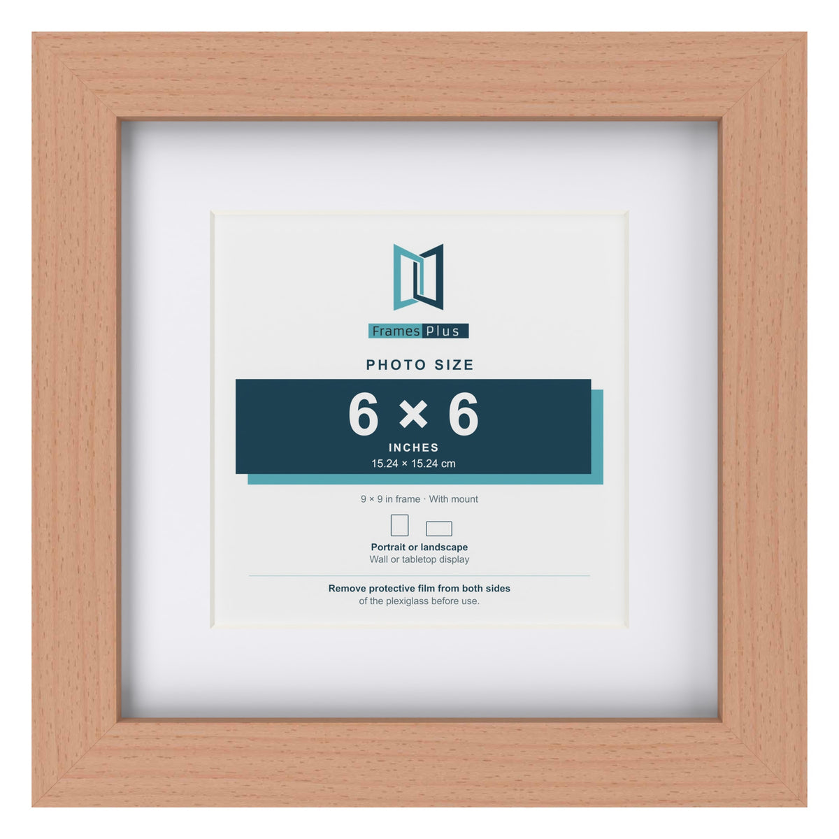 Classic Beech 9 x 9 inch picture frame with a white mount for a 6 x 6 inch photo