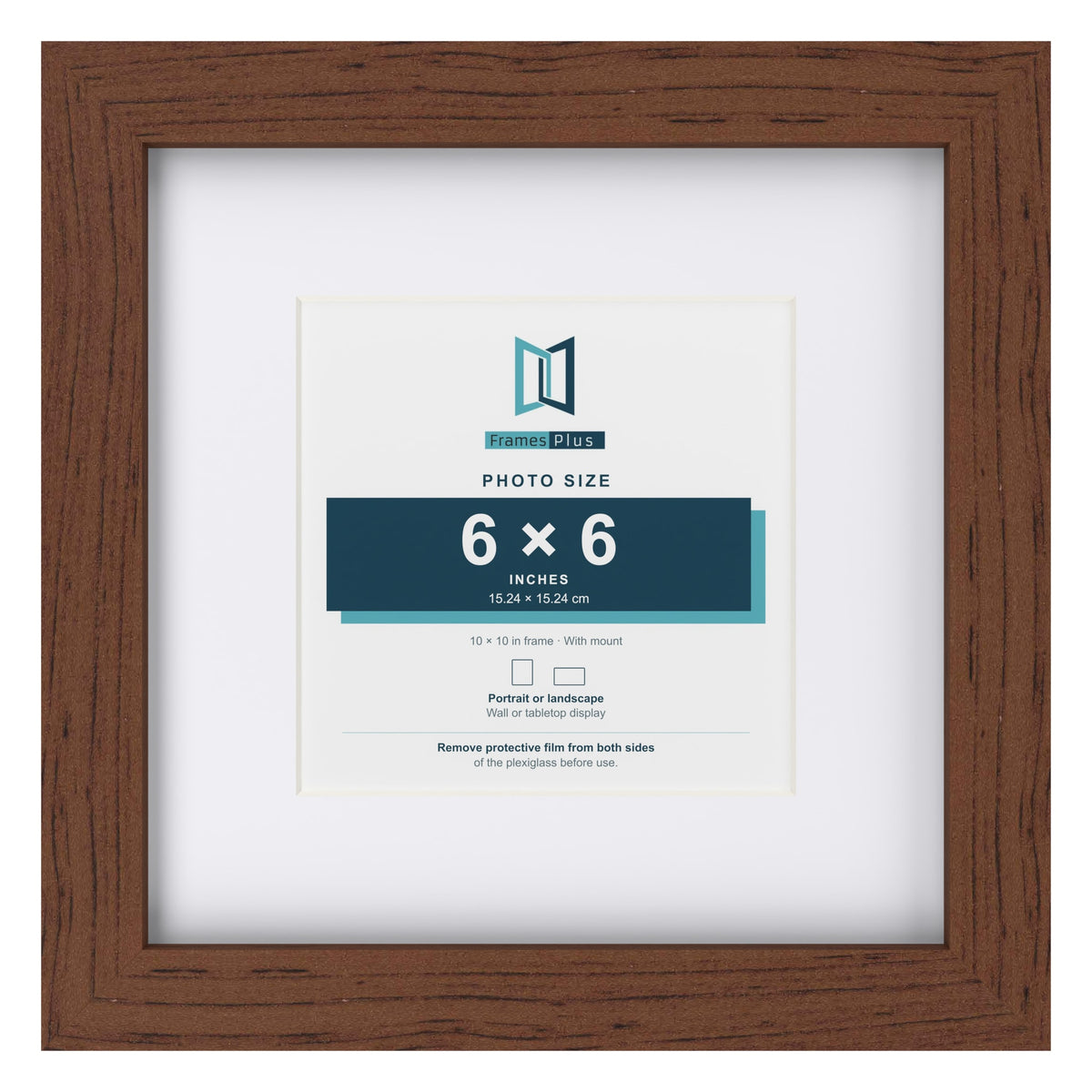 Classic Dark Teak 10 x 10 inch picture frame with a white mount for a 6 x 6 inch photo