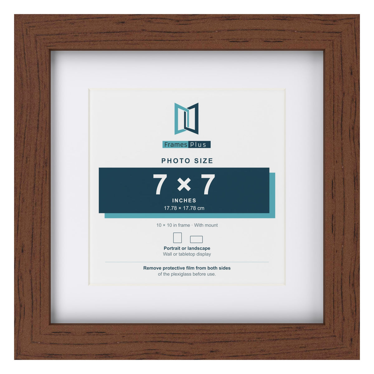 Classic Dark Teak 10 x 10 inch picture frame with a white mount for a 7 x 7 inch photo