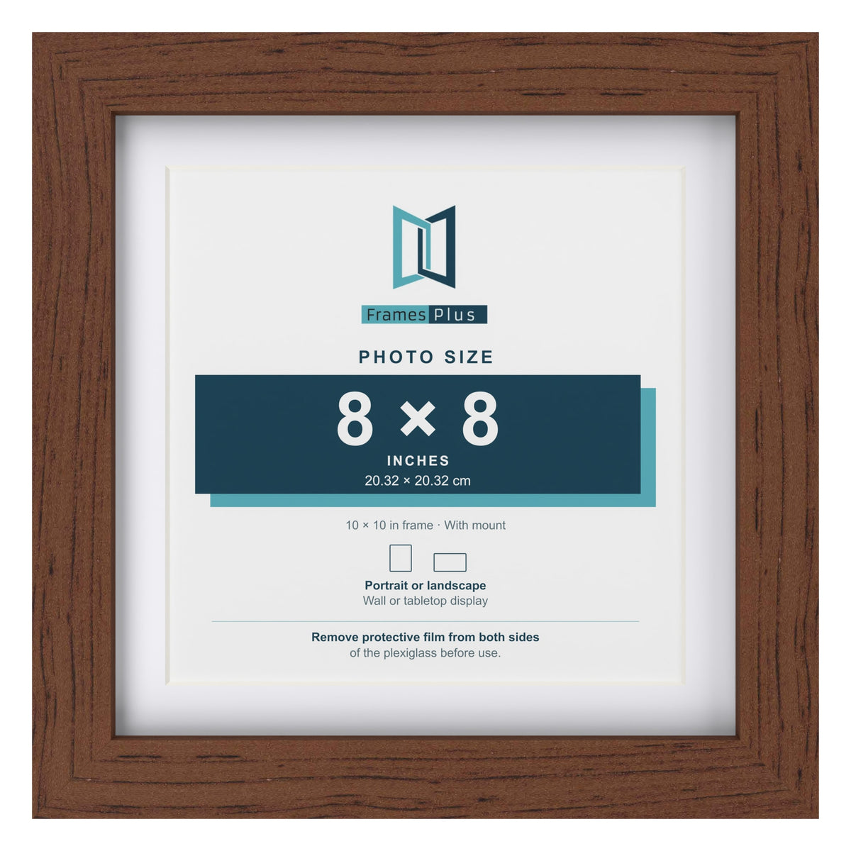 Classic Dark Teak 10 x 10 inch picture frame with a white mount for an 8 x 8 inch photo