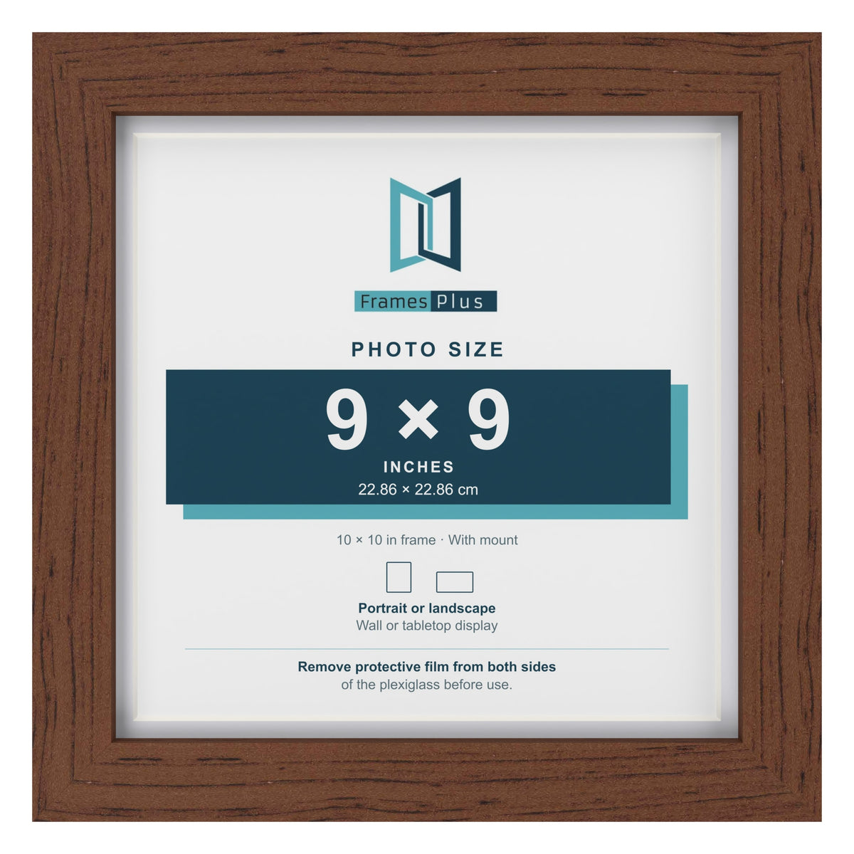 Classic Dark Teak 10 x 10 inch picture frame with a white mount for a 9 x 9 inch photo