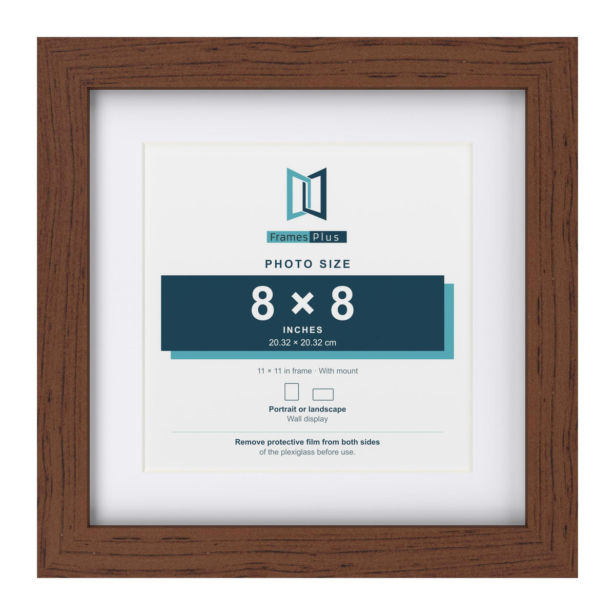 Classic Dark Teak 11 x 11 inch picture frame with a white mount for an 8 x 8 inch photo