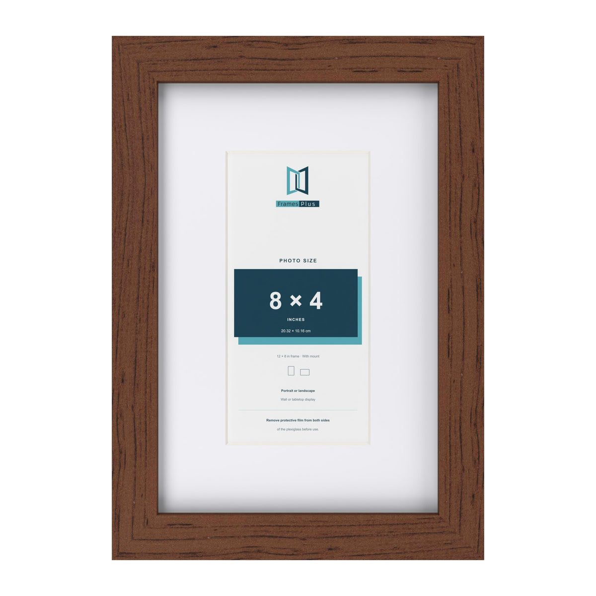 Classic Dark Teak 12 x 8 inch picture frame with a white mount for an 8 x 4 inch photo