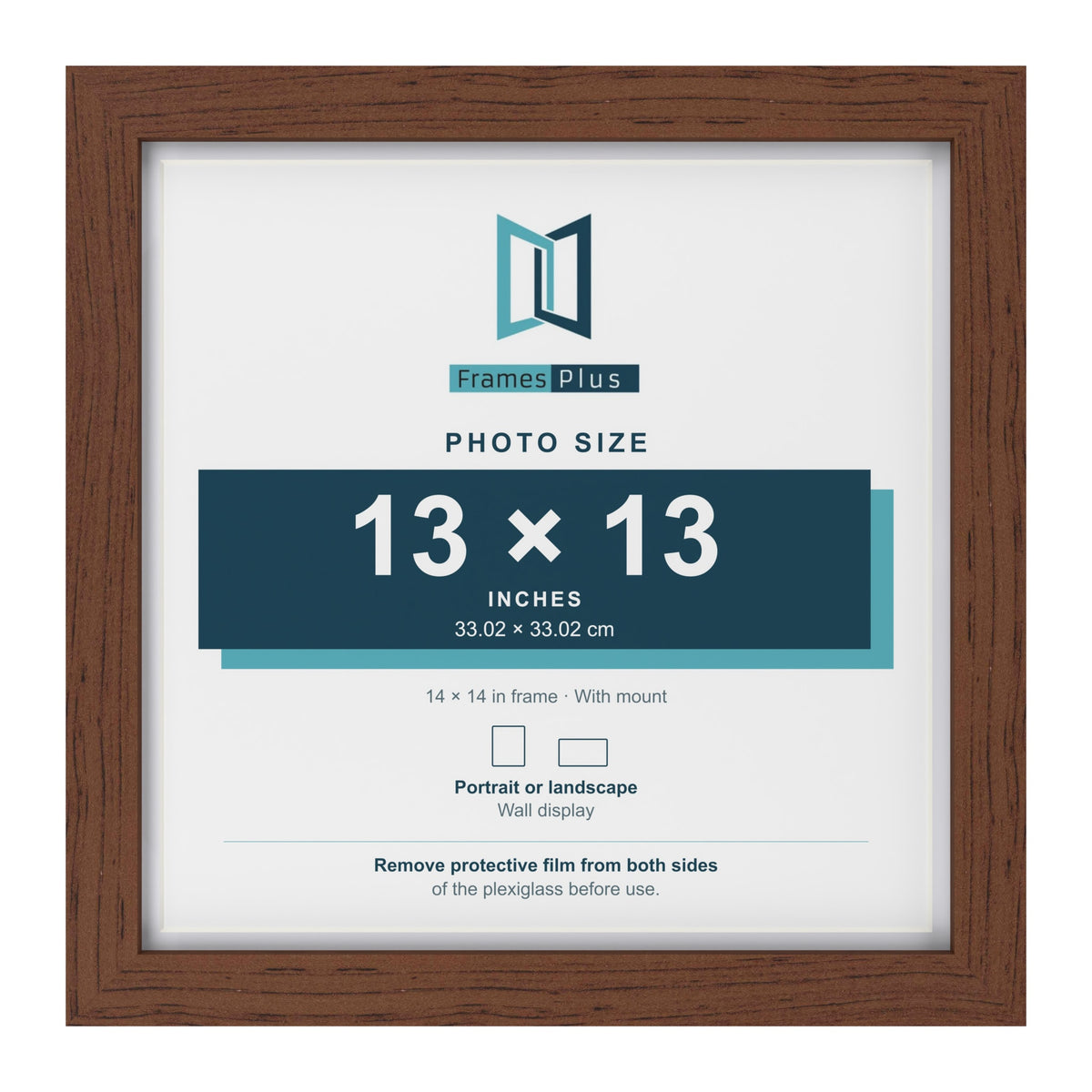 Classic Dark Teak 14 x 14 inch picture frame with a white mount for a 13 x 13 inch photo