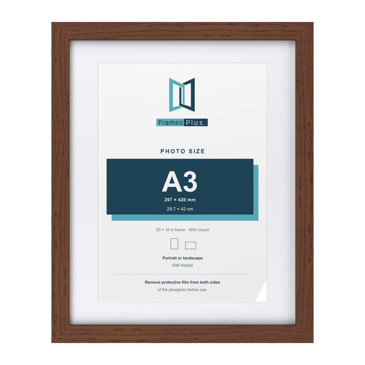 Classic Dark Teak 20 x 16 inch picture frame with a white mount for an A3 photo