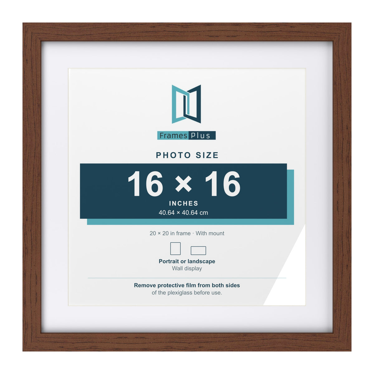 Classic Dark Teak 20 x 20 inch picture frame with a white mount for a 16 x 16 inch photo