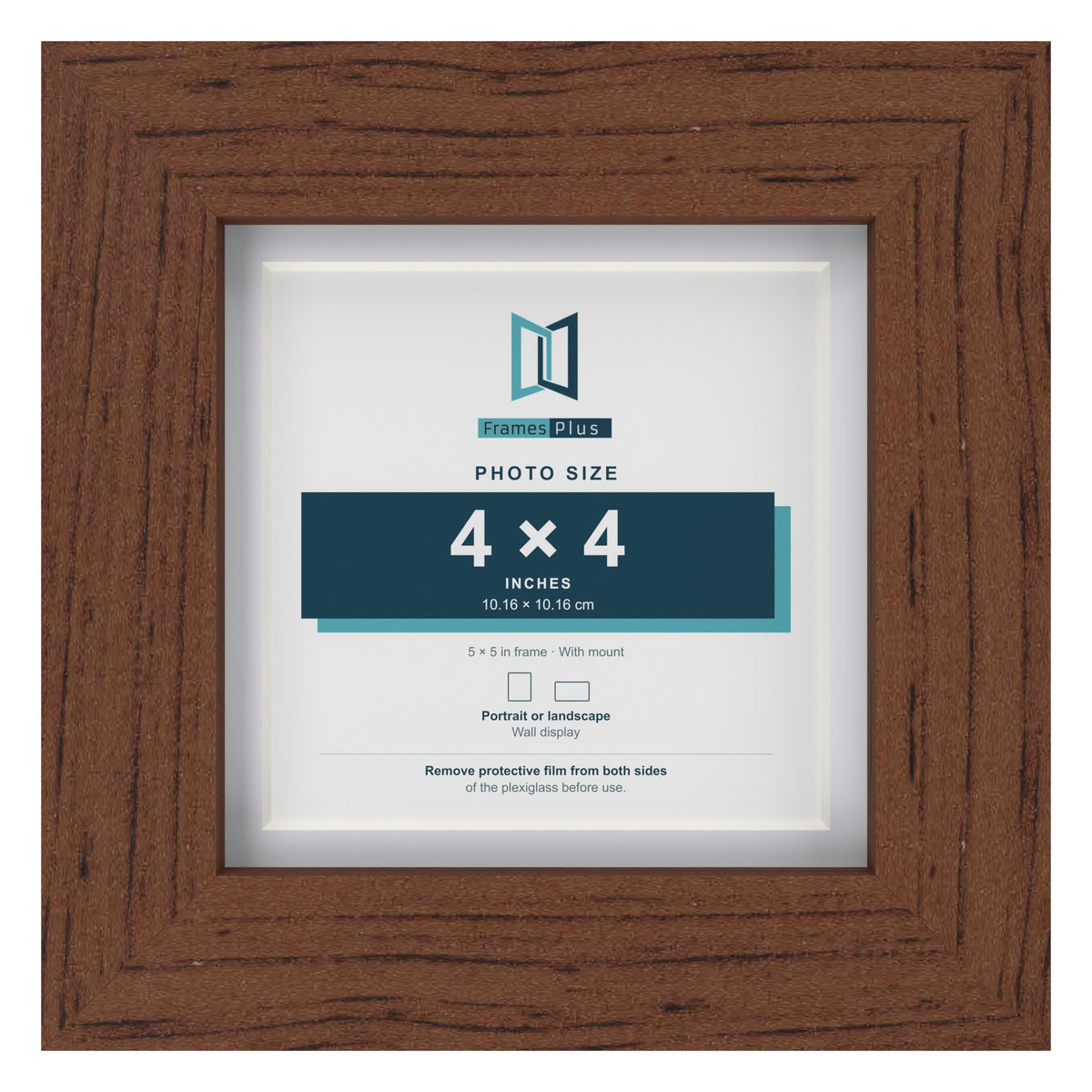 Classic Dark Teak 5 x 5 inch picture frame with a white mount for a 4 x 4 inch photo