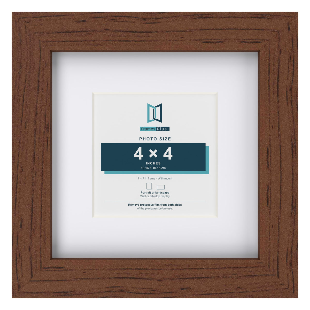 Classic Dark Teak 7 x 7 inch picture frame with a white mount for a 4 x 4 inch photo