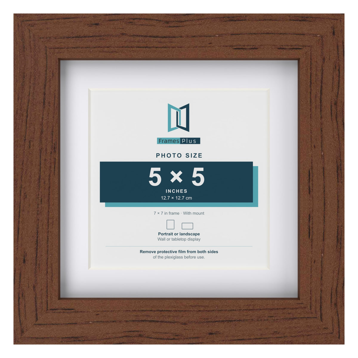 Classic Dark Teak 7 x 7 inch picture frame with a white mount for a 5 x 5 inch photo