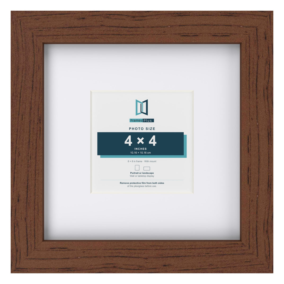Classic Dark Teak 8 x 8 inch picture frame with a white mount for a 4 x 4 inch photo