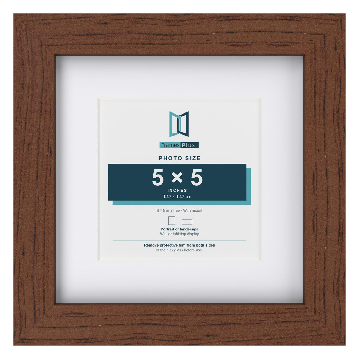 Classic Dark Teak 8 x 8 inch picture frame with a white mount for a 5 x 5 inch photo