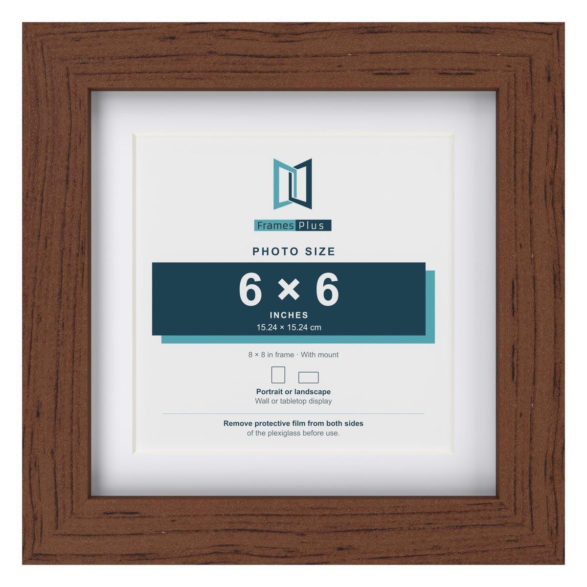 Classic Dark Teak 8 x 8 inch picture frame with a white mount for a 6 x 6 inch photo
