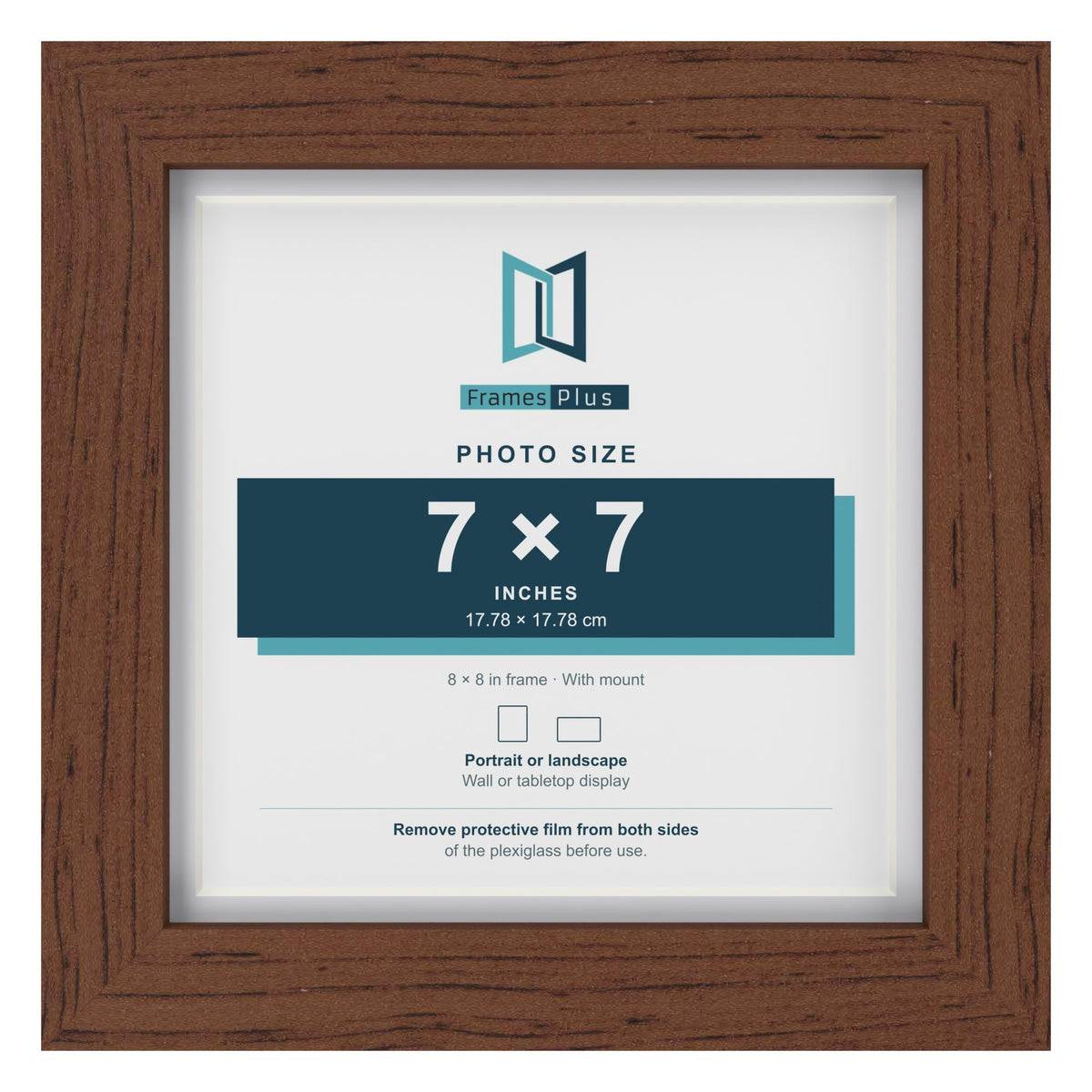 Classic Dark Teak 8 x 8 inch picture frame with a white mount for a 7 x 7 inch photo