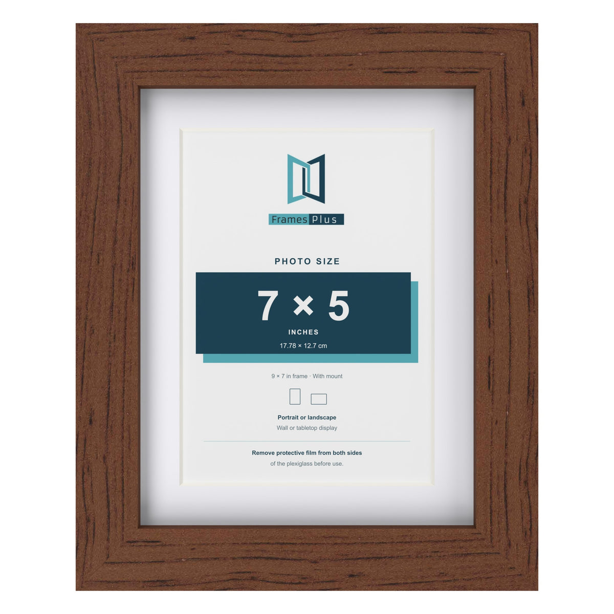 Classic Dark Teak 9 x 7 inch picture frame with a white mount for a 7 x 5 inch photo