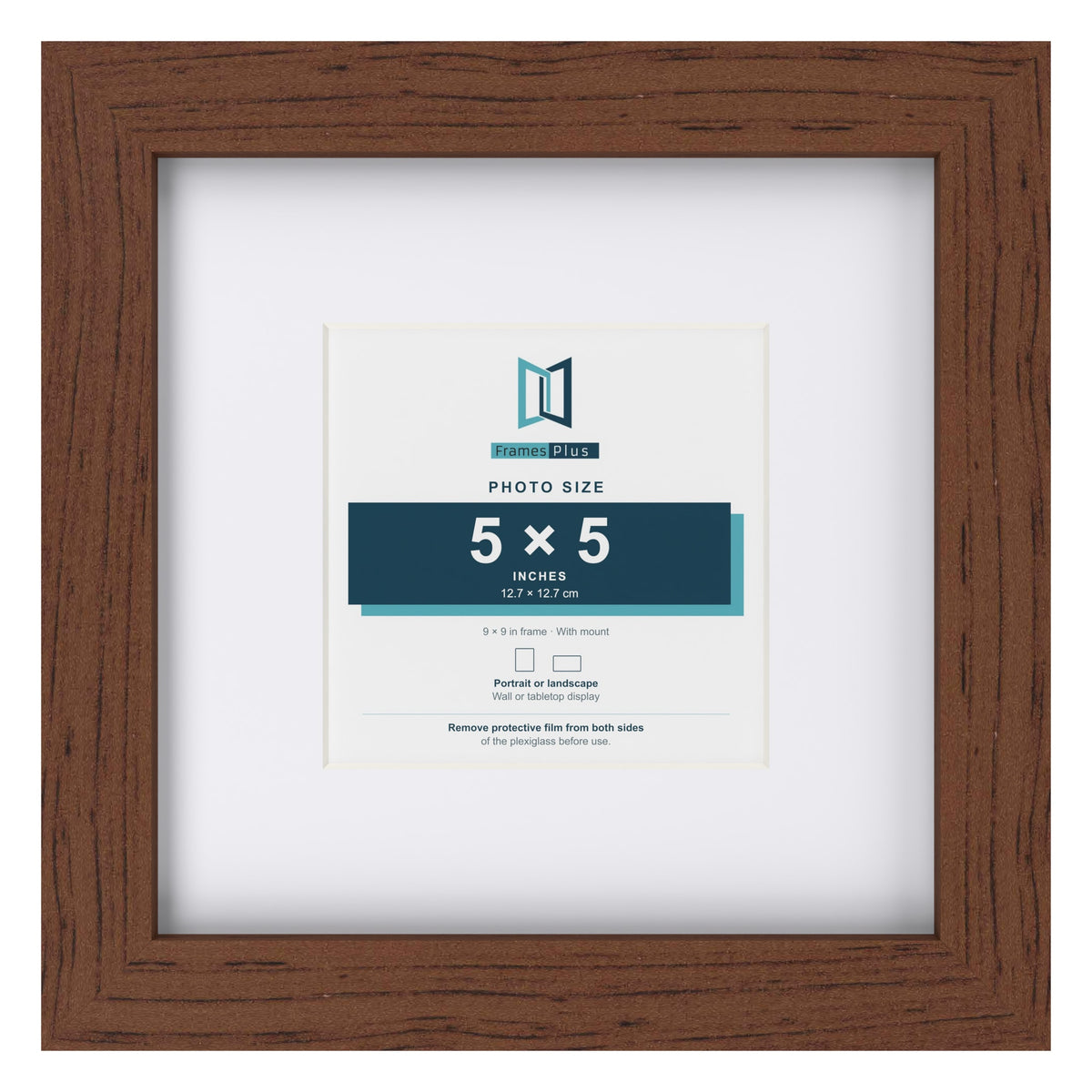 Classic Dark Teak 9 x 9 inch picture frame with a white mount for a 5 x 5 inch photo