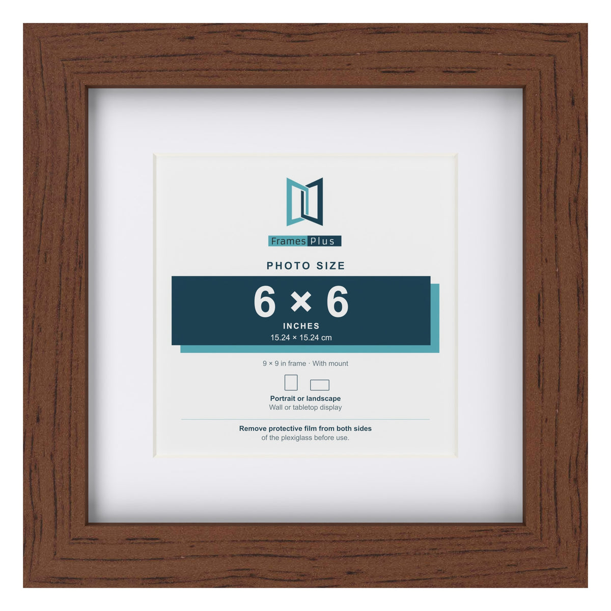 Classic Dark Teak 9 x 9 inch picture frame with a white mount for a 6 x 6 inch photo