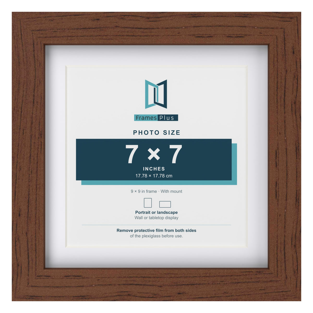 Classic Dark Teak 9 x 9 inch picture frame with a white mount for a 7 x 7 inch photo