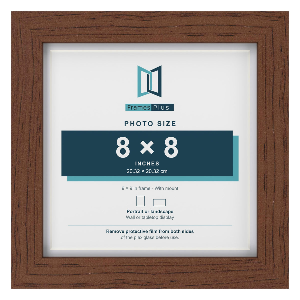Classic Dark Teak 9 x 9 inch picture frame with a white mount for an 8 x 8 inch photo