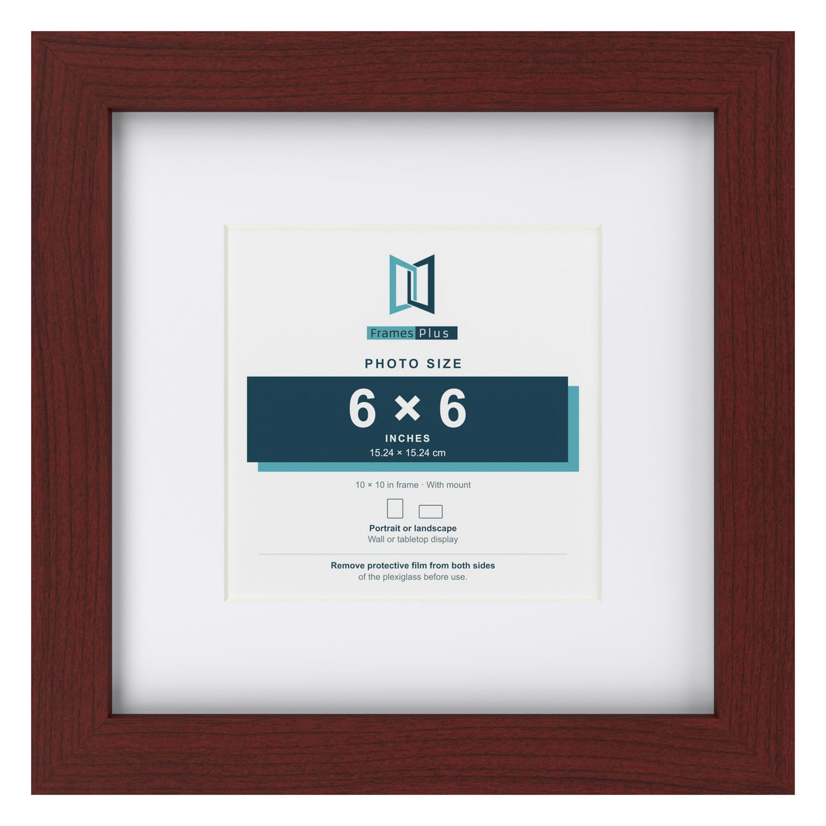 Classic Mahogany 10 x 10 inch picture frame with a white mount for a 6 x 6 inch photo