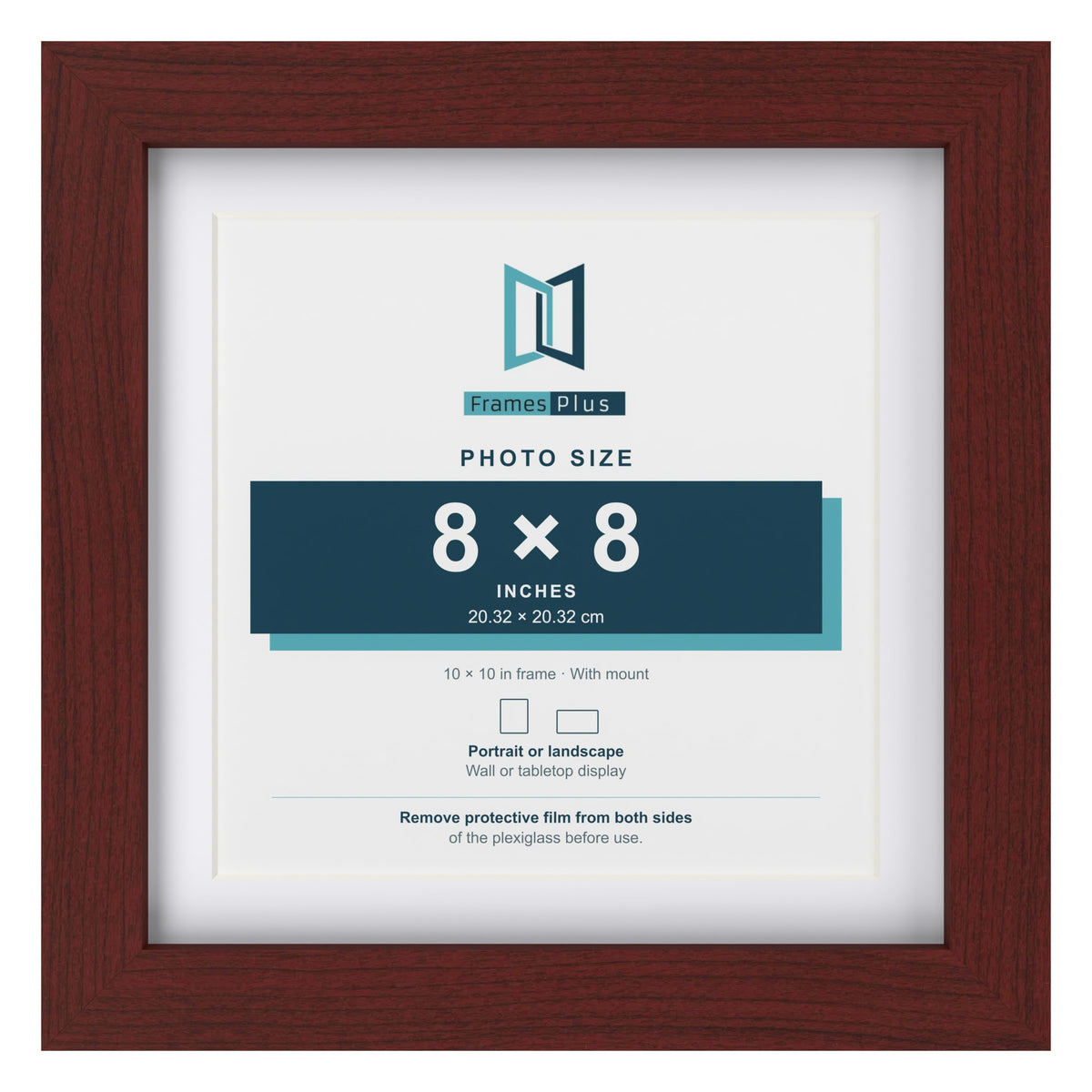 Classic Mahogany 10 x 10 inch picture frame with a white mount for an 8 x 8 inch photo