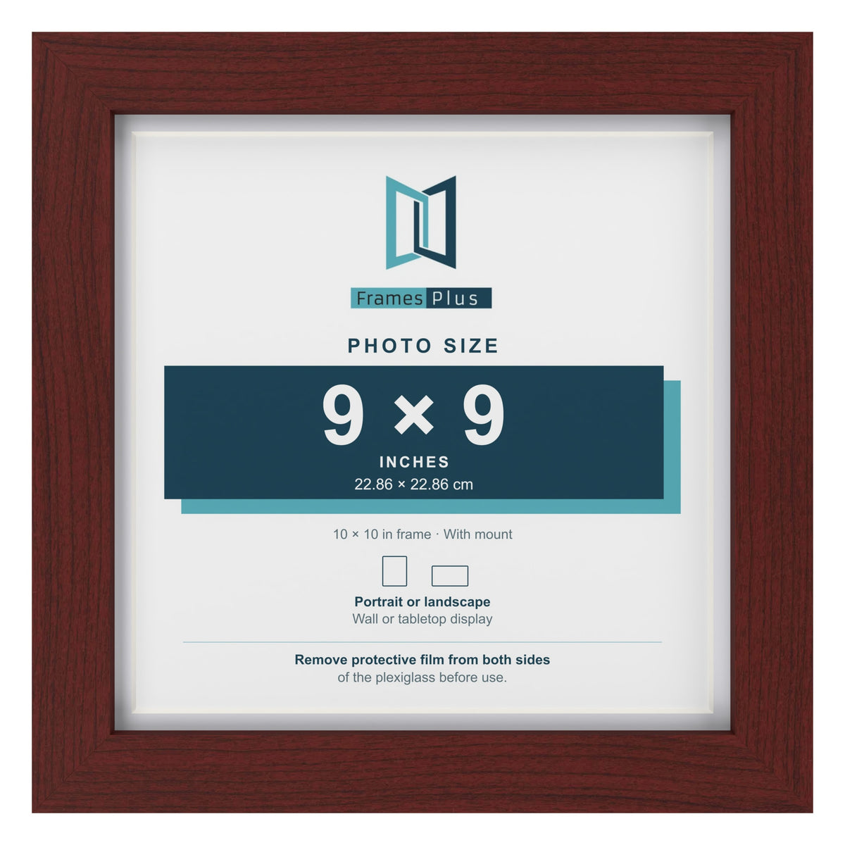 Classic Mahogany 10 x 10 inch picture frame with a white mount for a 9 x 9 inch photo