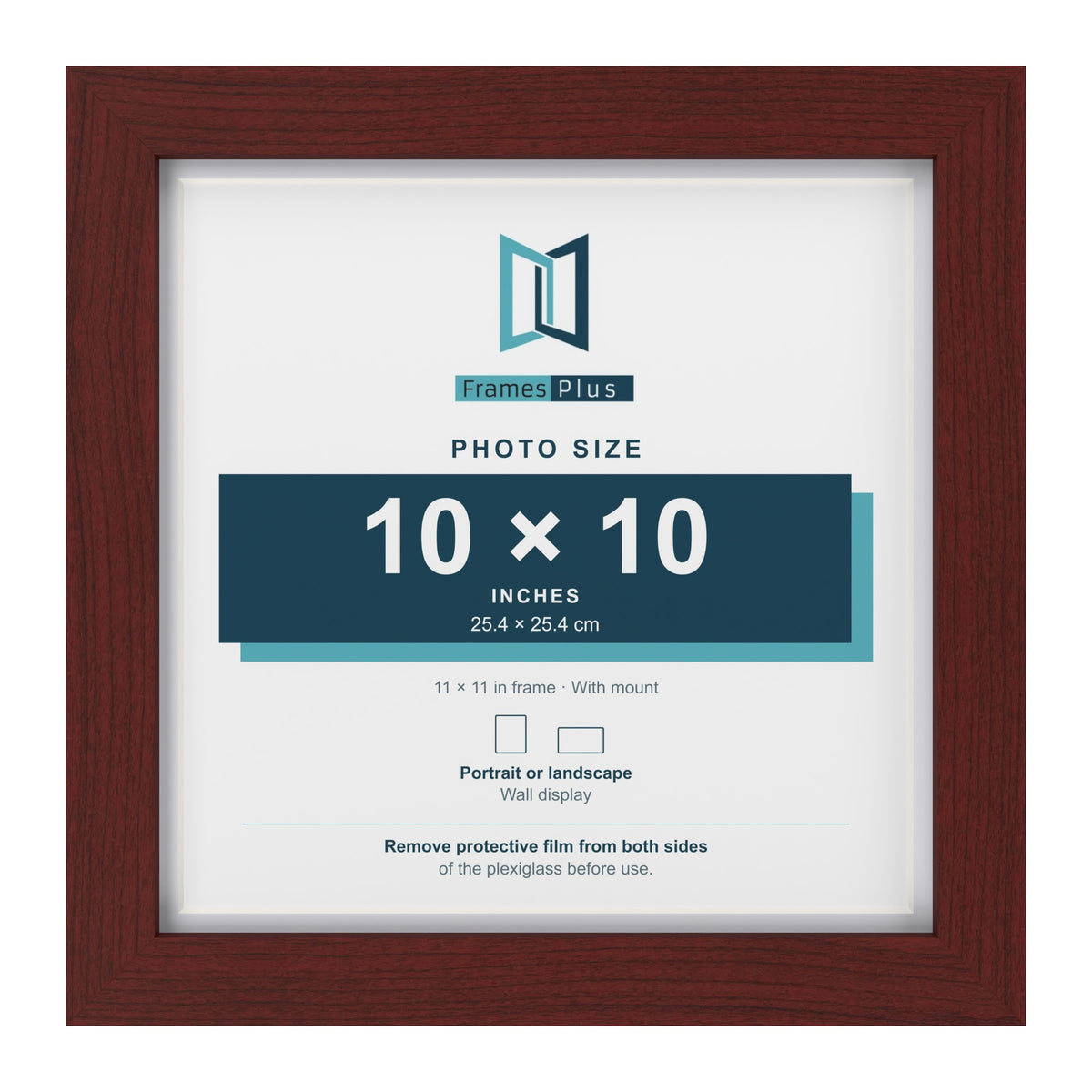 Classic Mahogany 11 x 11 inch picture frame with a white mount for a 10 x 10 inch photo