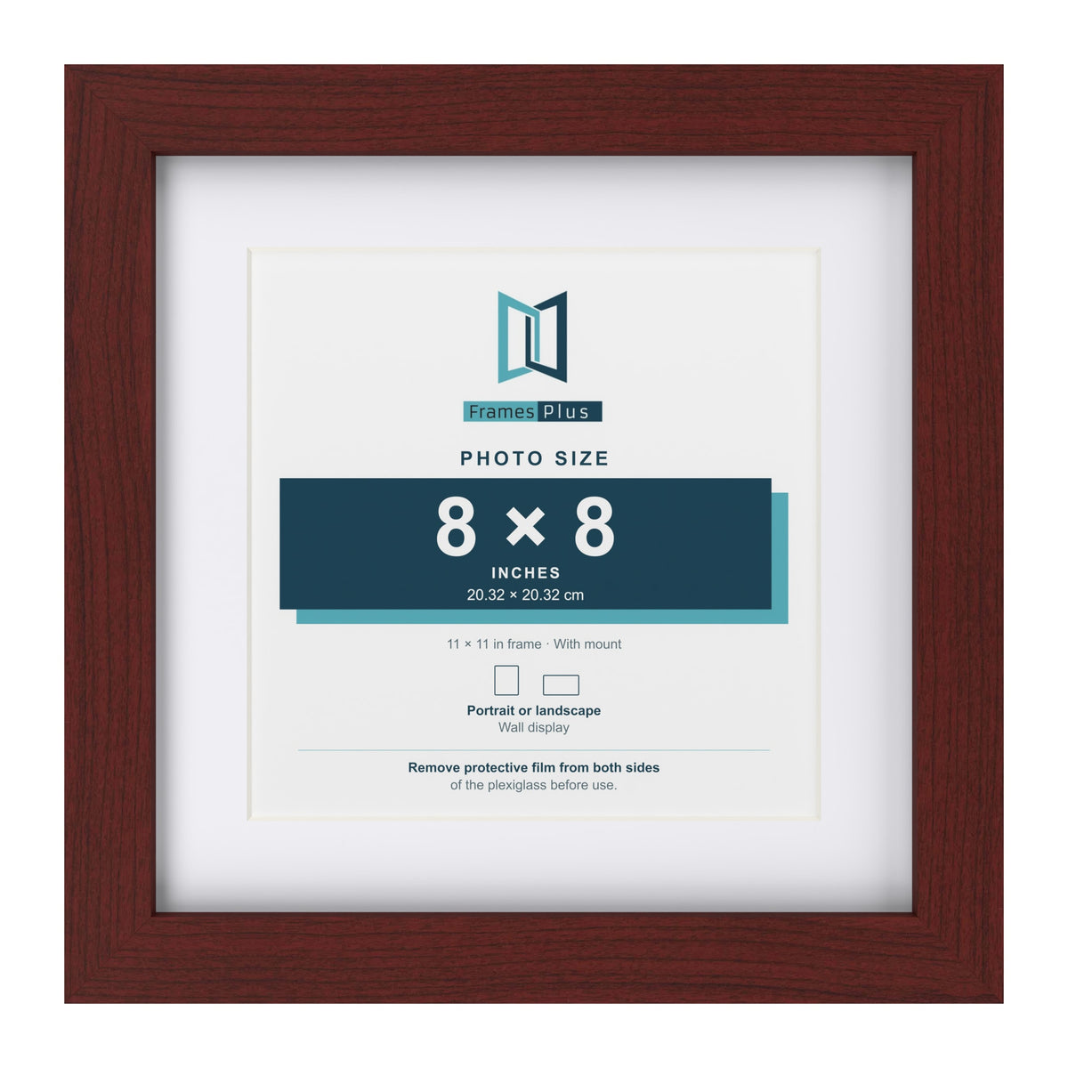 Classic Mahogany 11 x 11 inch picture frame with a white mount for an 8 x 8 inch photo