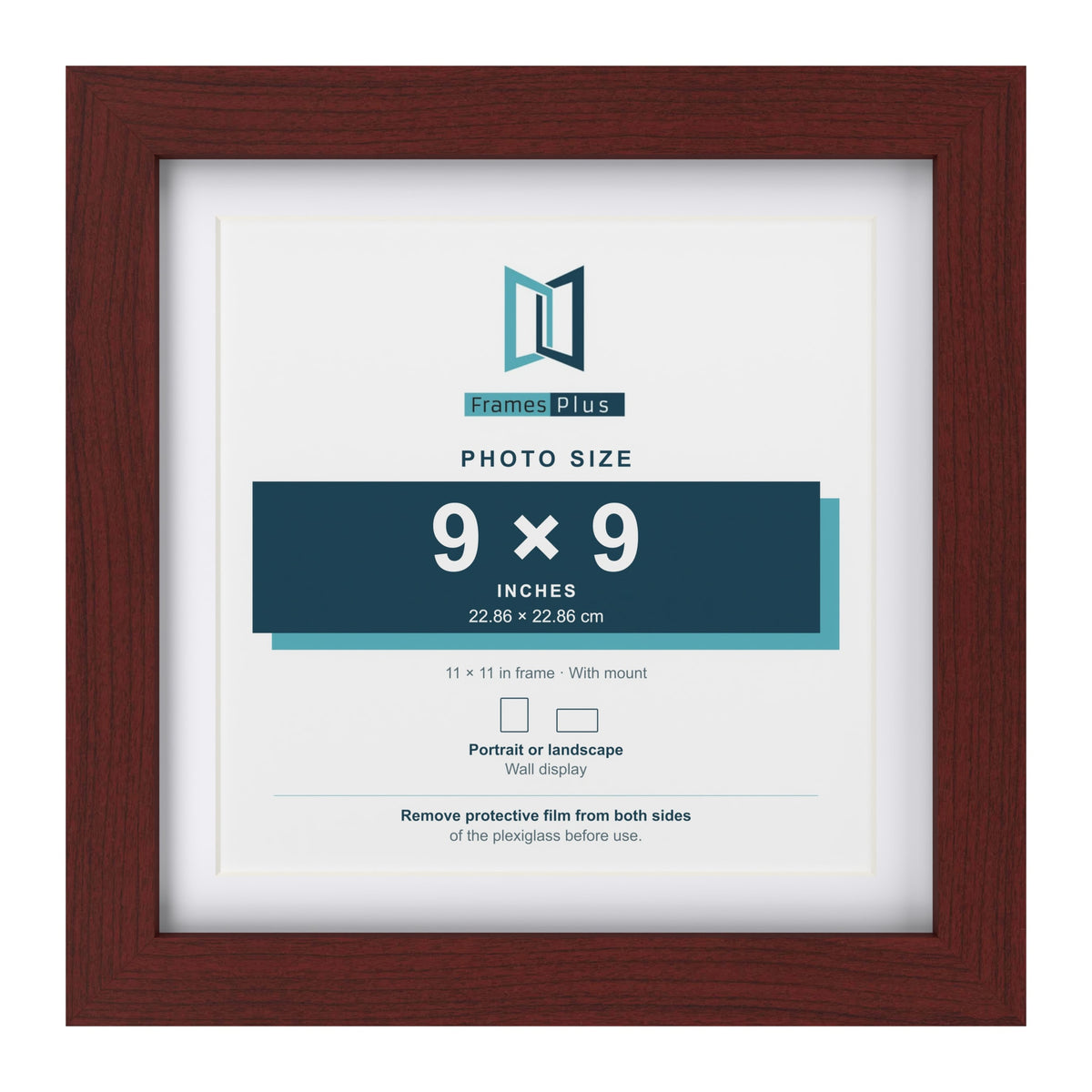 Classic Mahogany 11 x 11 inch picture frame with a white mount for a 9 x 9 inch photo