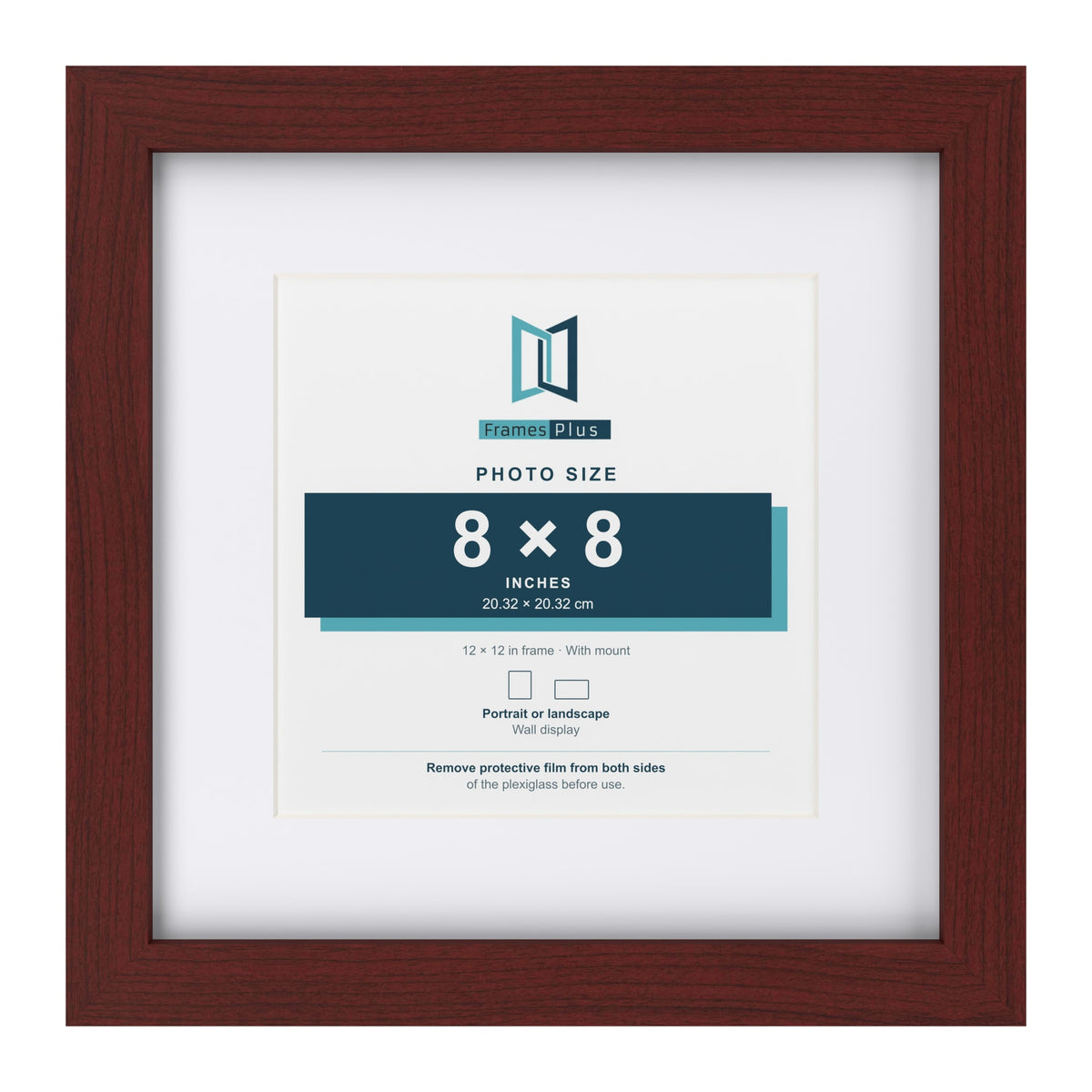 Classic Mahogany 12 x 12 inch picture frame with a white mount for an 8 x 8 inch photo